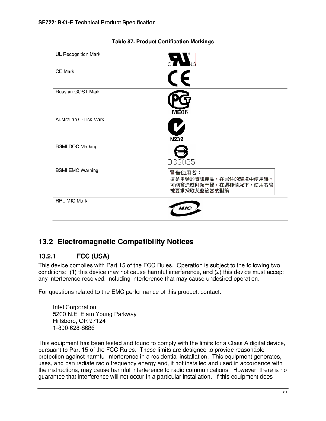 Intel SE7221BK1-E manual Electromagnetic Compatibility Notices, Fcc Usa 