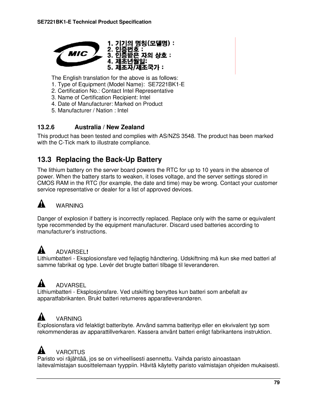 Intel SE7221BK1-E manual Replacing the Back-Up Battery, Australia / New Zealand 