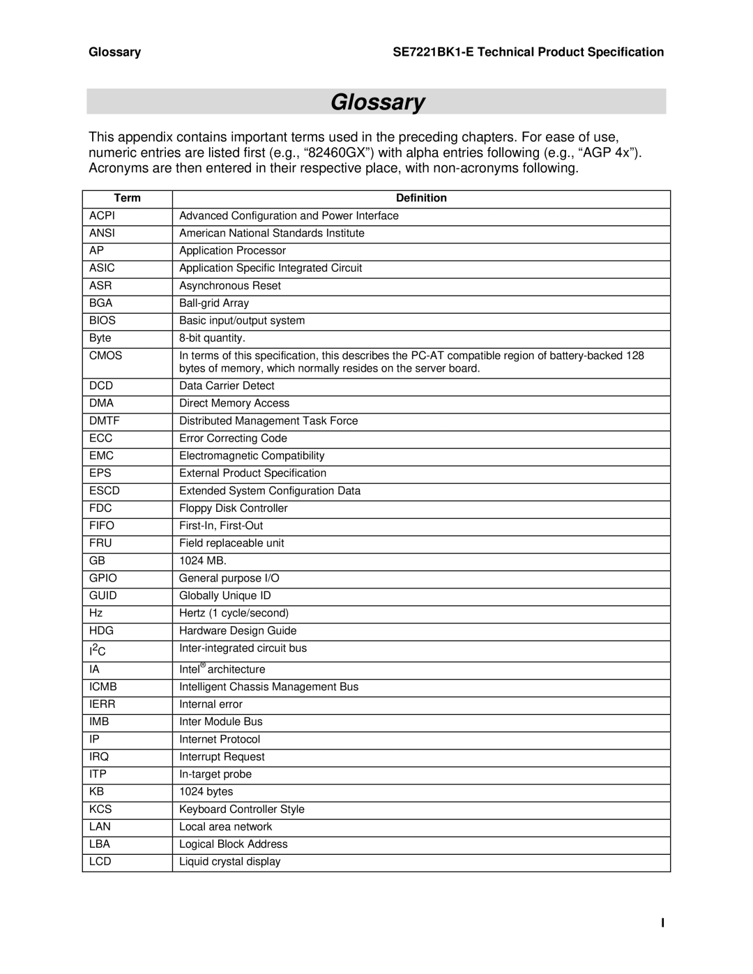 Intel manual Glossary SE7221BK1-E Technical Product Specification, Term Definition 