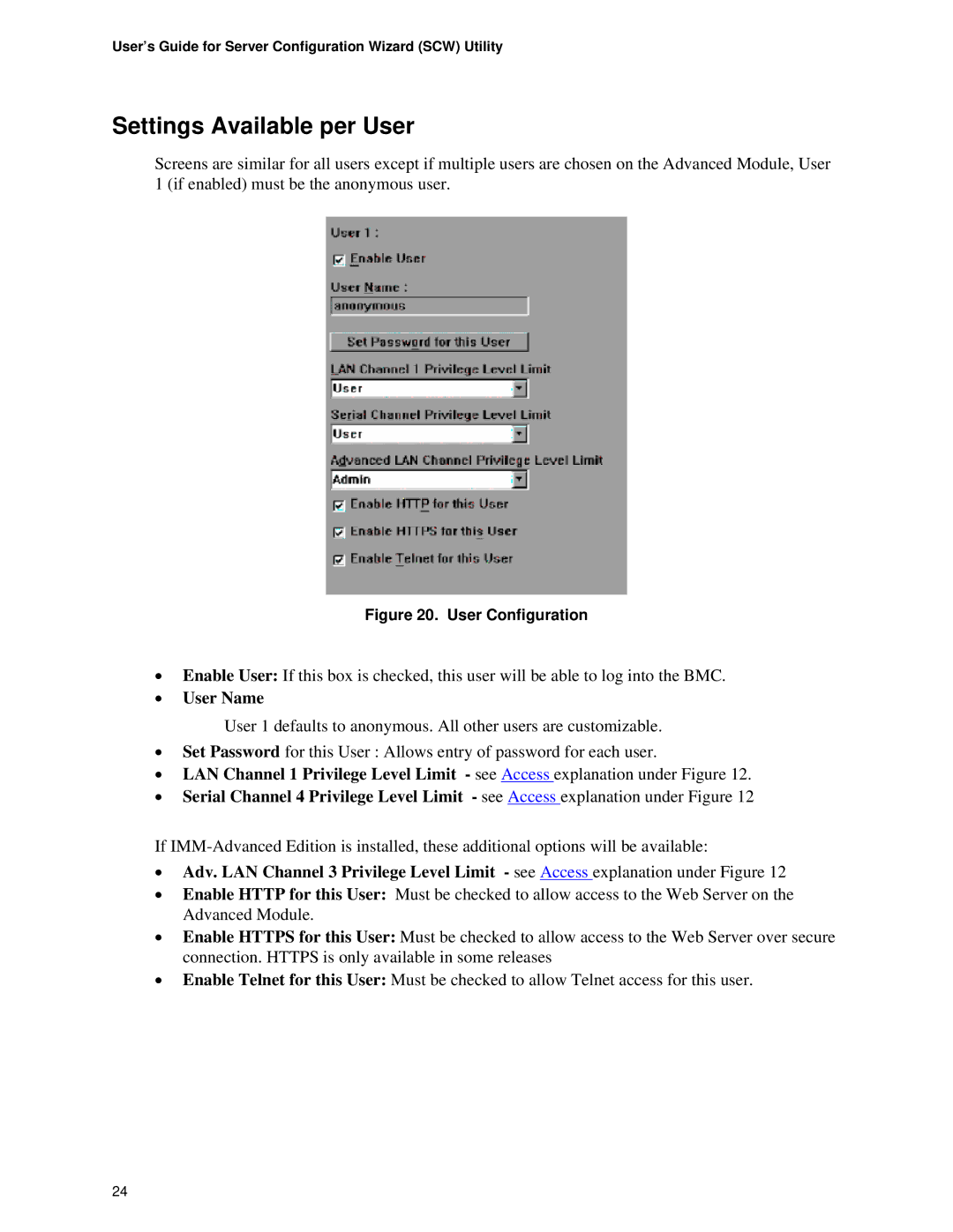 Intel SE7320, SE72xx, SE75xx, SE8500 manual Settings Available per User, User Name 