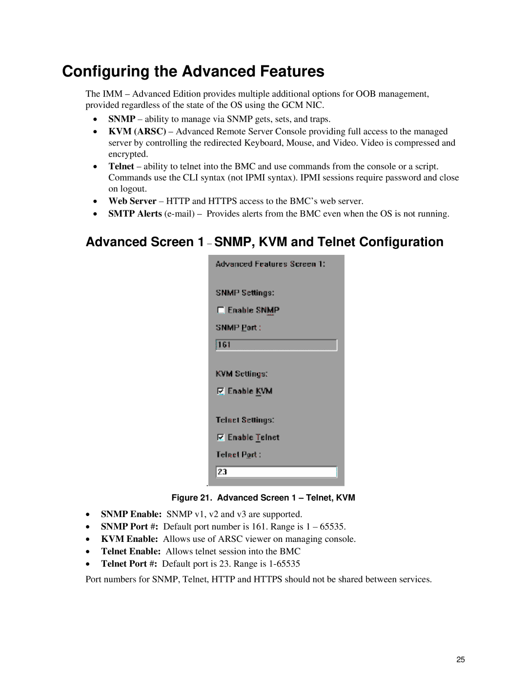 Intel SE72xx, SE7320, SE75xx, SE8500 Configuring the Advanced Features, Advanced Screen 1 SNMP, KVM and Telnet Configuration 