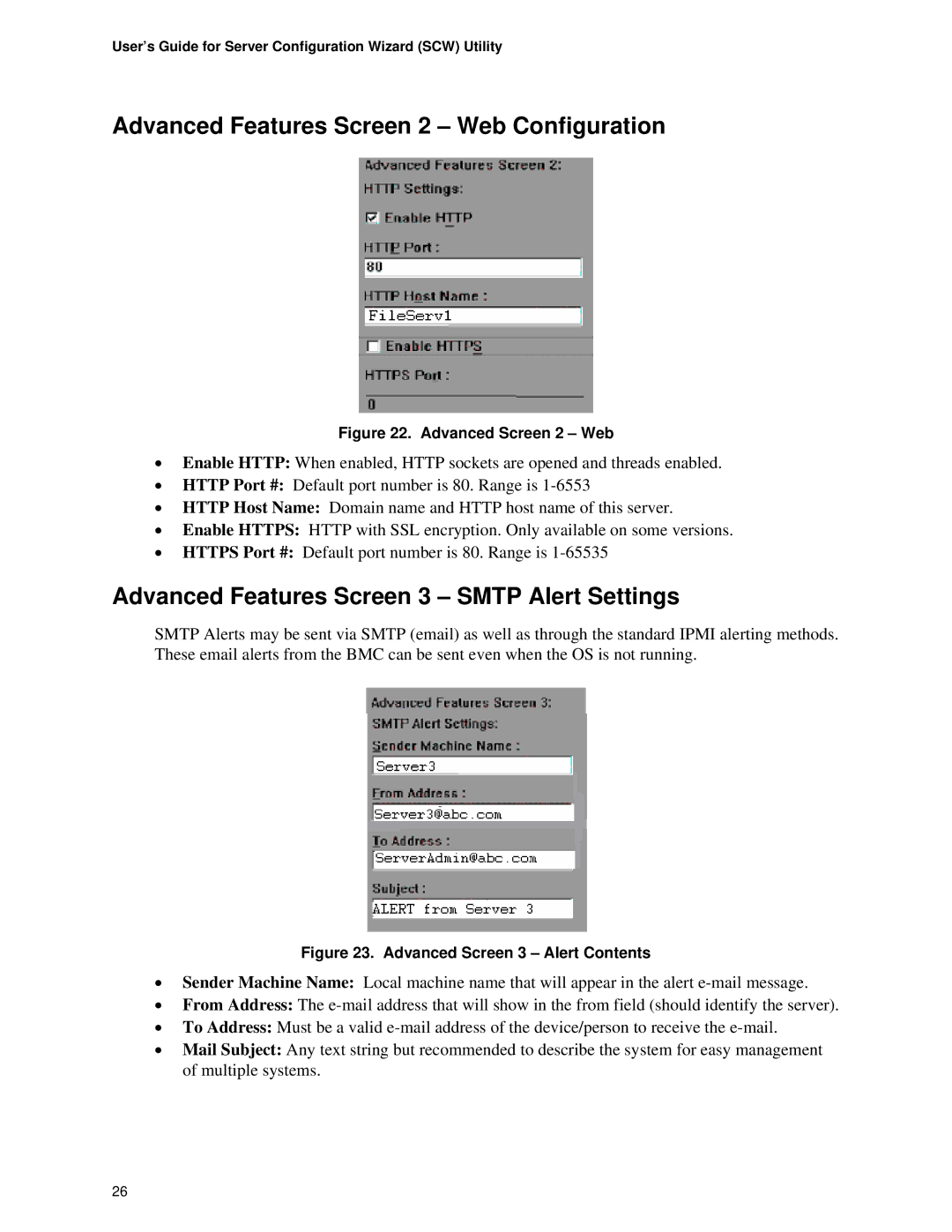 Intel SE75xx, SE7320, SE72xx Advanced Features Screen 2 Web Configuration, Advanced Features Screen 3 Smtp Alert Settings 