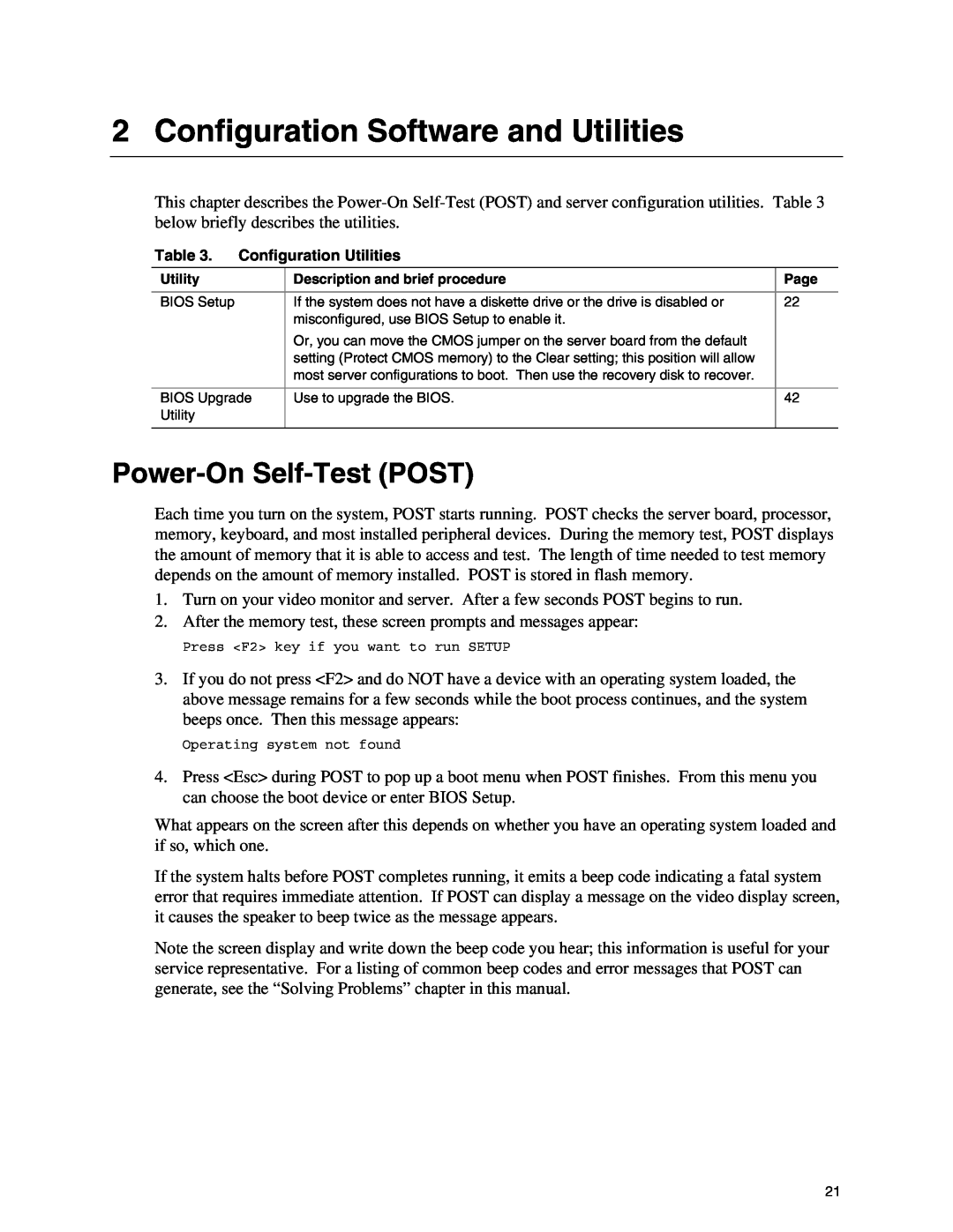 Intel SE7500CW2 manual Configuration Software and Utilities, Power-On Self-TestPOST 