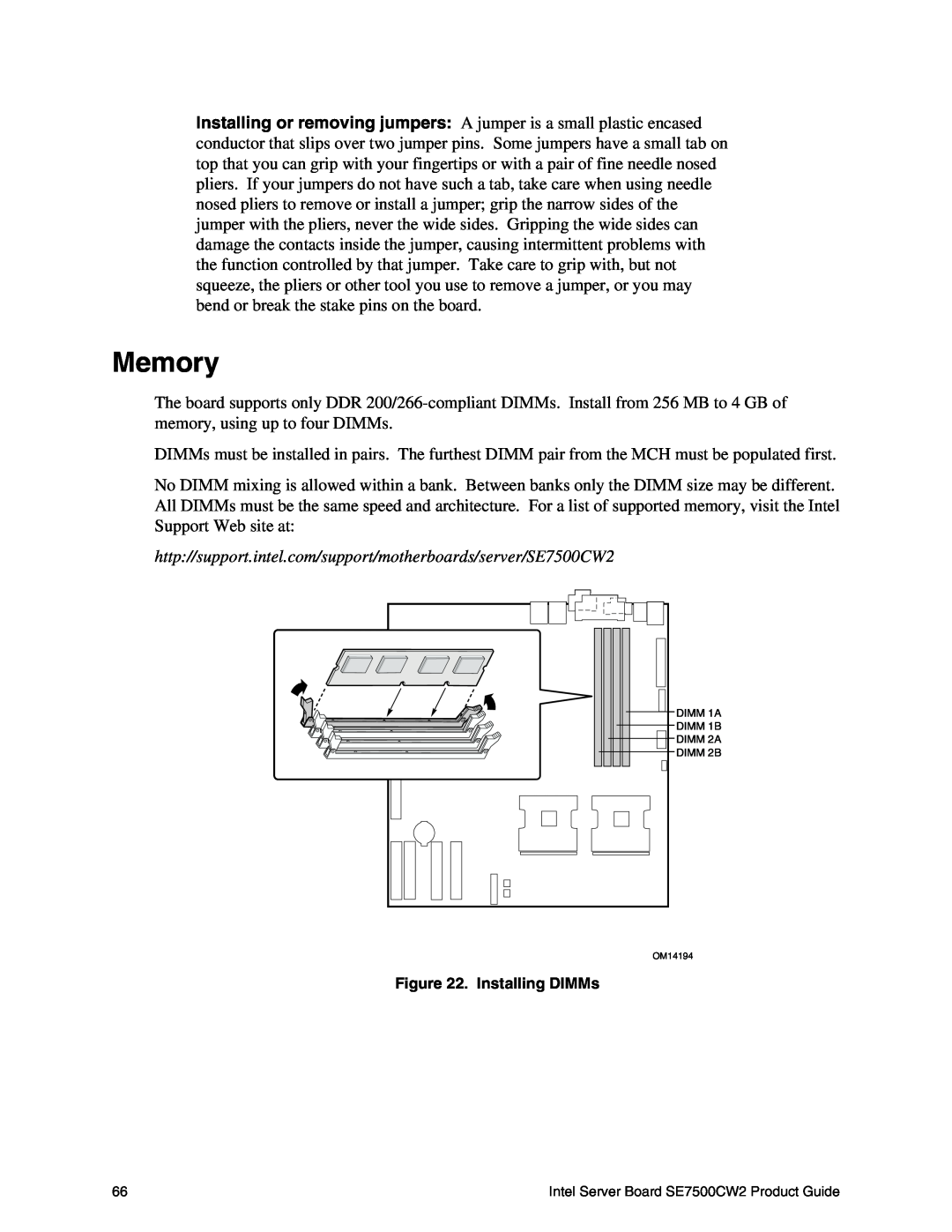 Intel SE7500CW2 manual Memory, Installing DIMMs 