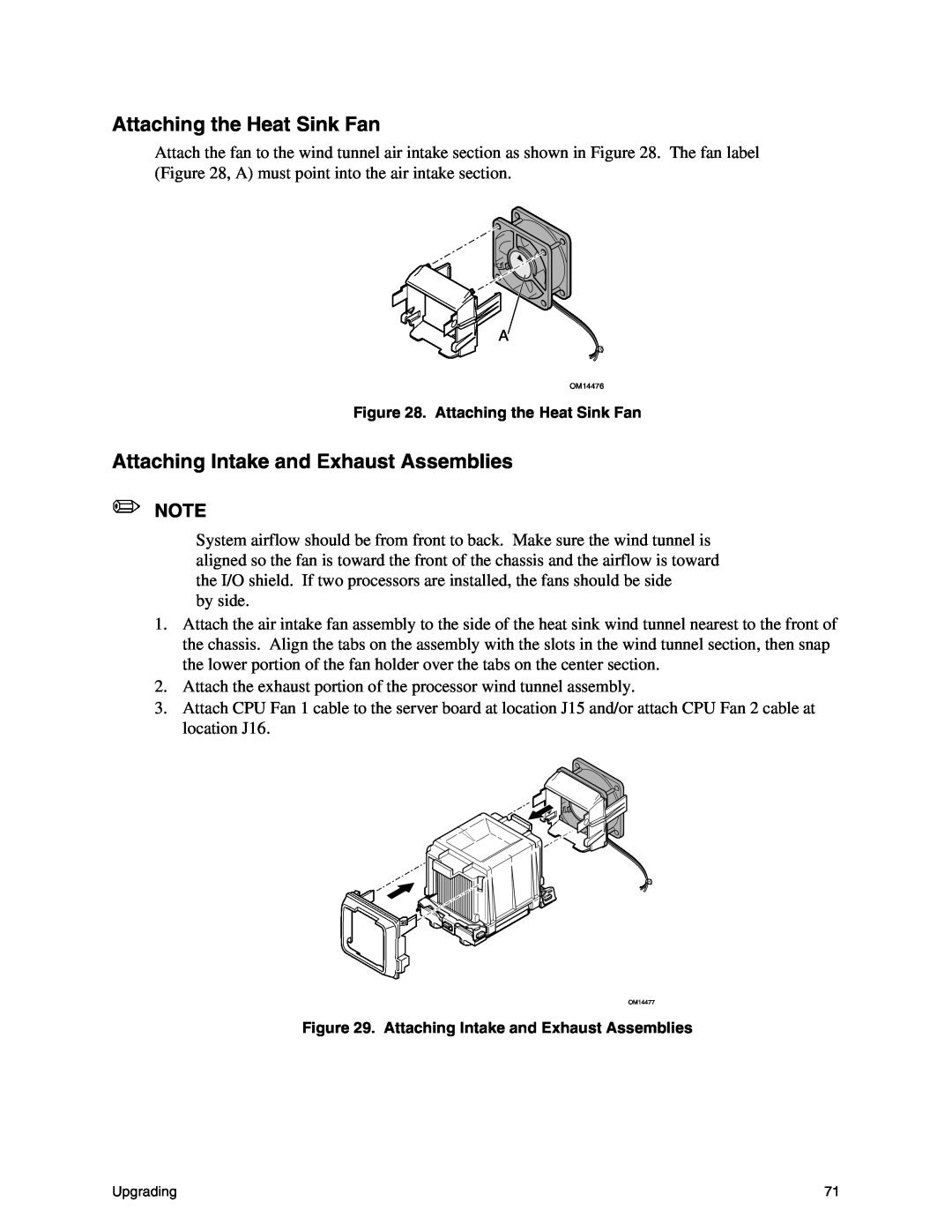 Intel SE7500CW2 manual Attaching the Heat Sink Fan, Attaching Intake and Exhaust Assemblies, by side 