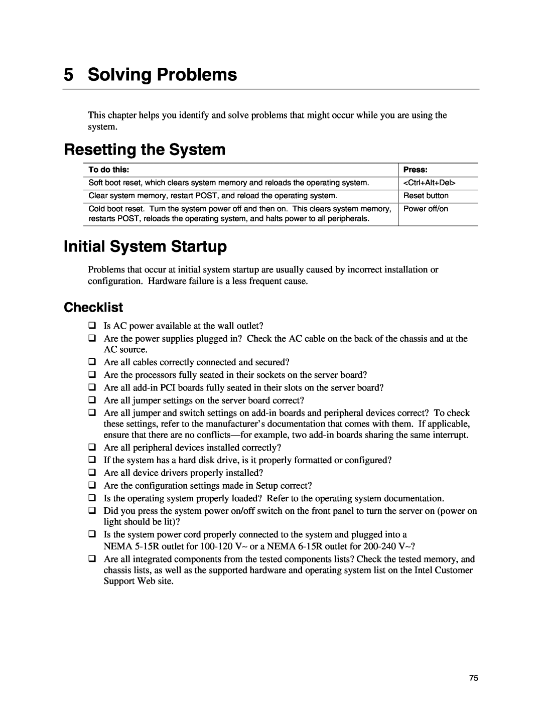 Intel SE7500CW2 manual Solving Problems, Resetting the System, Initial System Startup, Checklist 