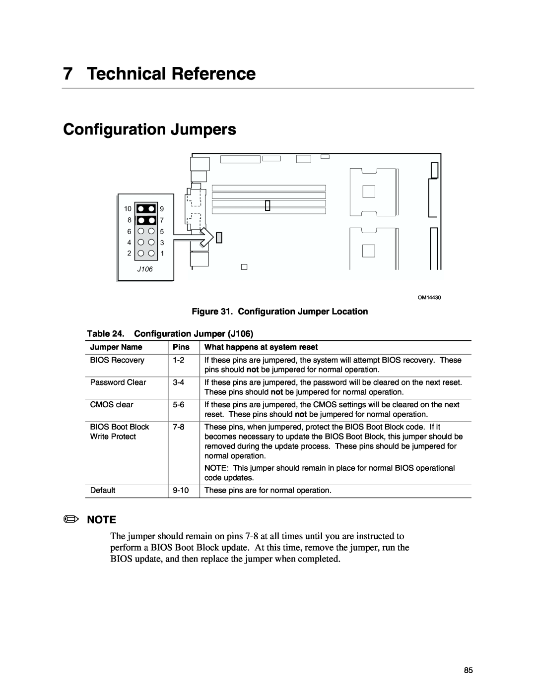 Intel SE7500CW2 Technical Reference, Configuration Jumpers, Configuration Jumper Location, Configuration Jumper J106, Pins 