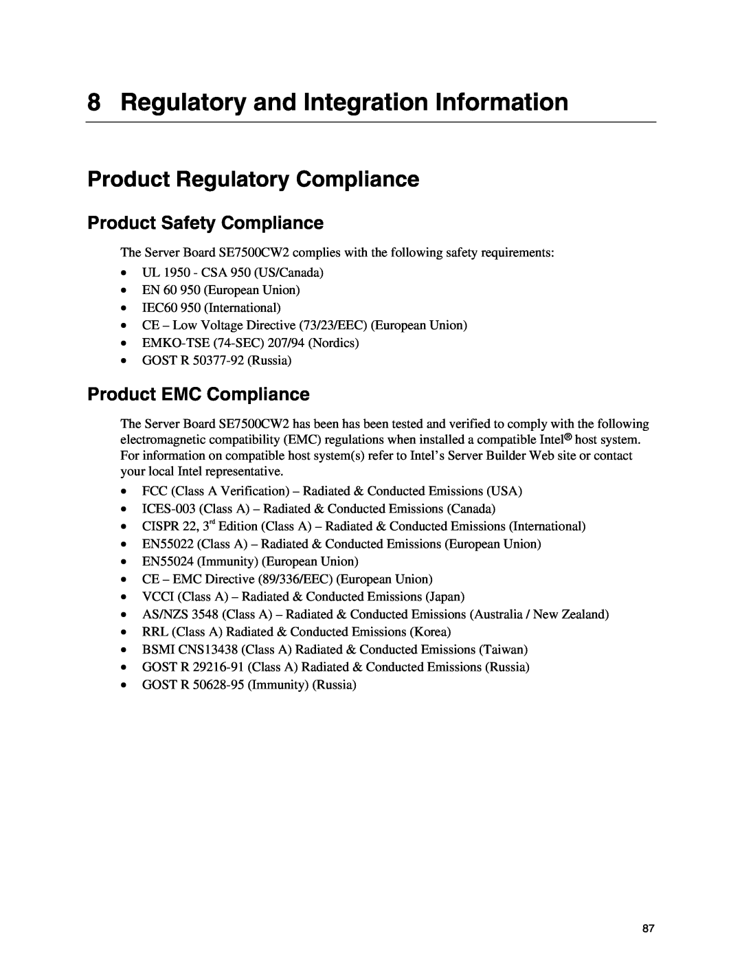 Intel SE7500CW2 manual Regulatory and Integration Information, Product Regulatory Compliance, Product Safety Compliance 