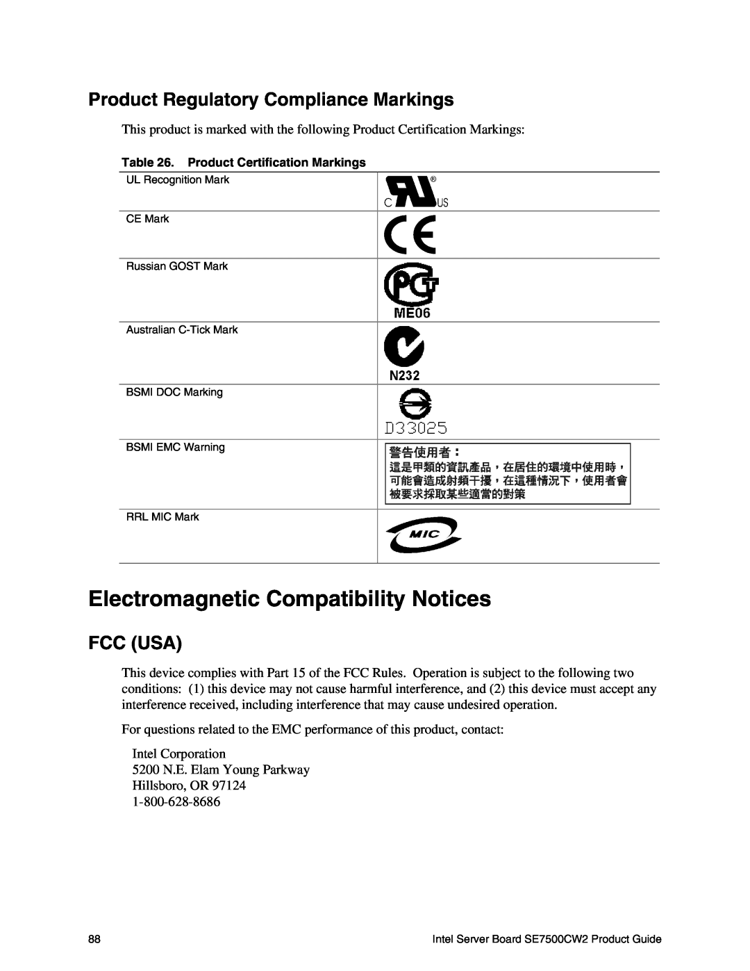 Intel SE7500CW2 manual Electromagnetic Compatibility Notices, Product Regulatory Compliance Markings, Fcc Usa 