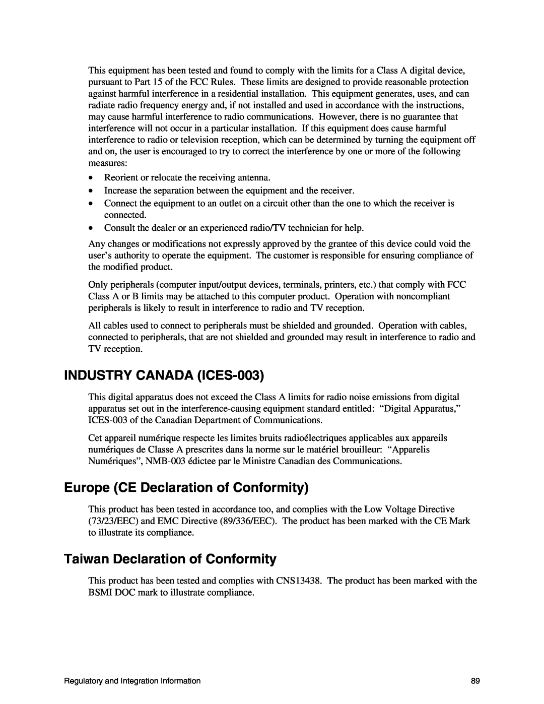 Intel SE7500CW2 manual INDUSTRY CANADA ICES-003, Europe CE Declaration of Conformity, Taiwan Declaration of Conformity 
