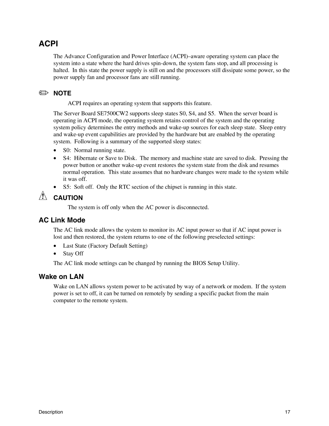 Intel SE7500CW2 manual AC Link Mode, Wake on LAN 