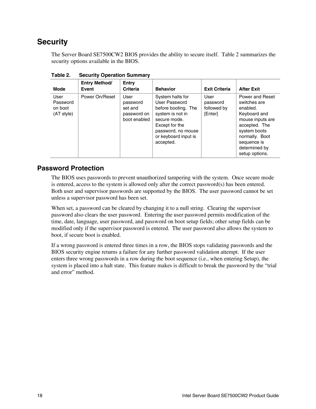 Intel SE7500CW2 manual Password Protection, Security Operation Summary 