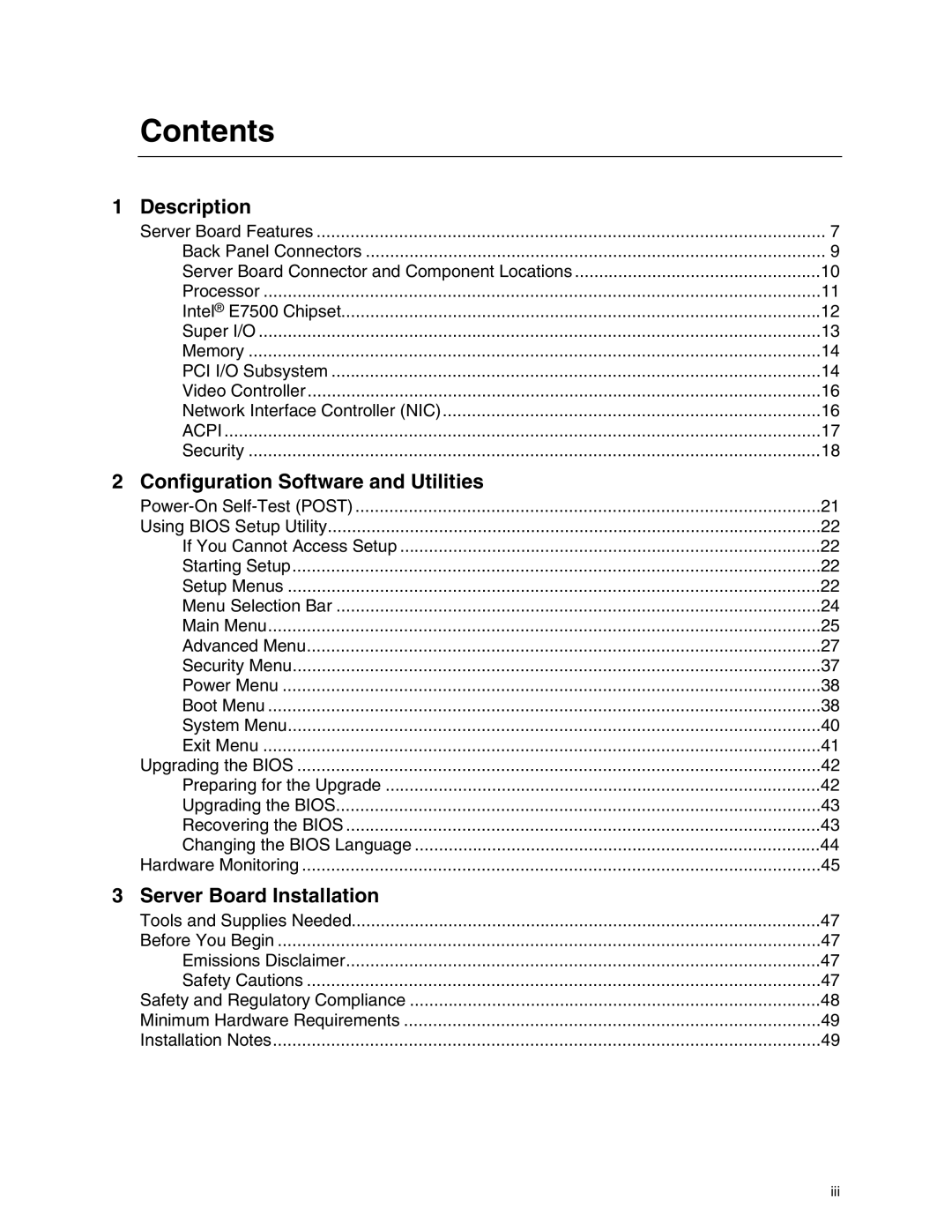 Intel SE7500CW2 manual Contents 