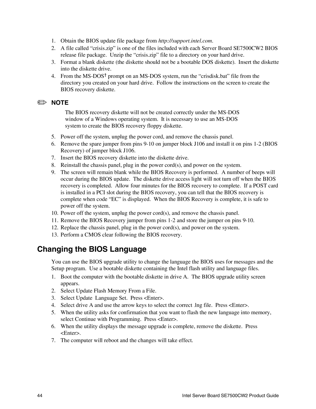 Intel SE7500CW2 manual Changing the Bios Language 