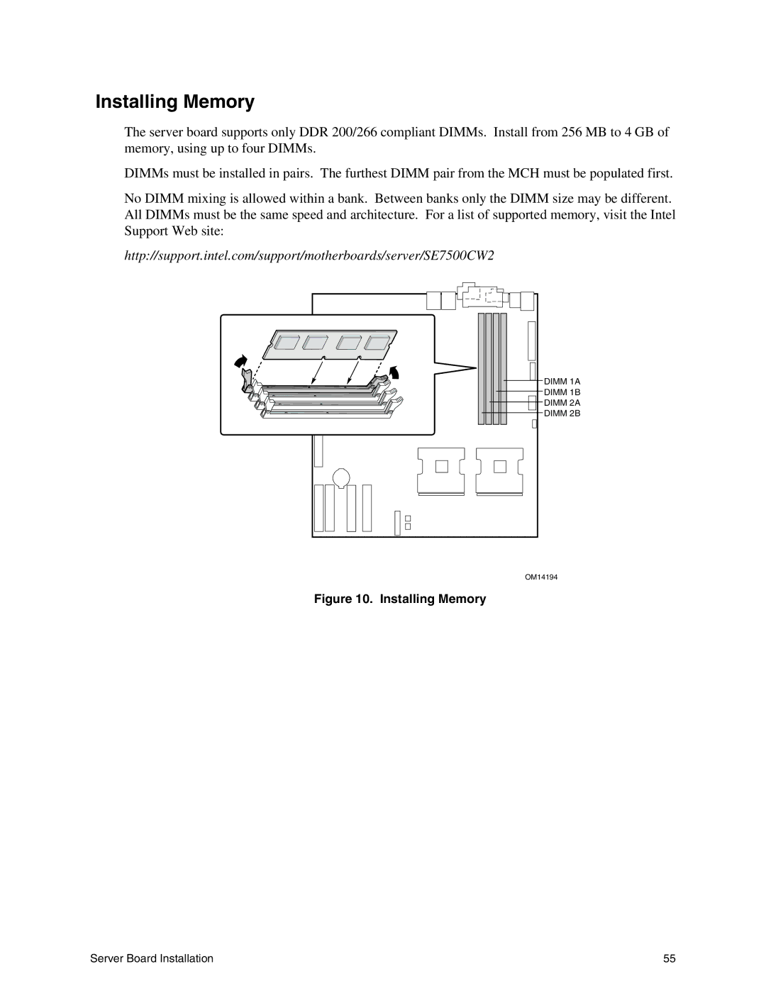 Intel SE7500CW2 manual Installing Memory 