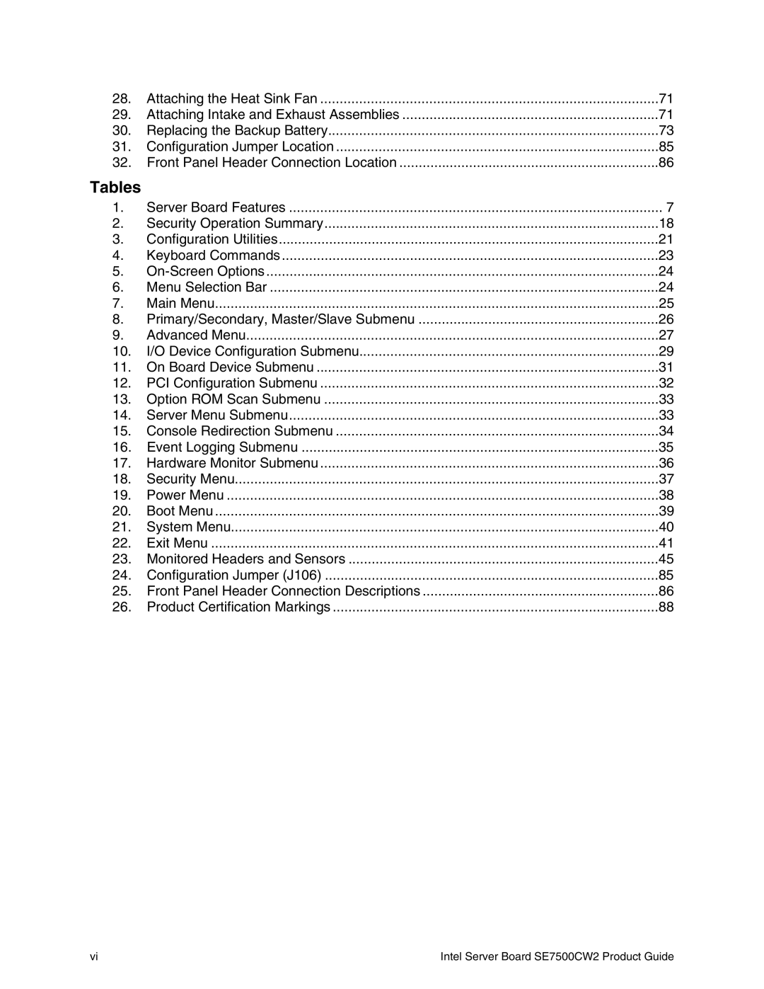 Intel SE7500CW2 manual Tables 