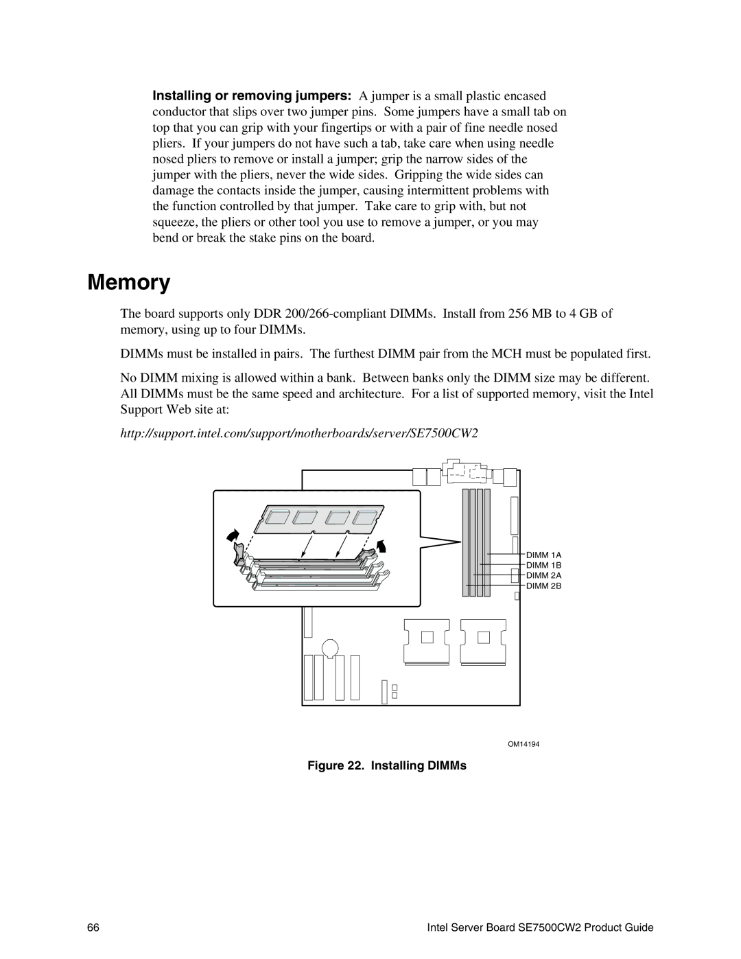 Intel SE7500CW2 manual Memory, Installing DIMMs 