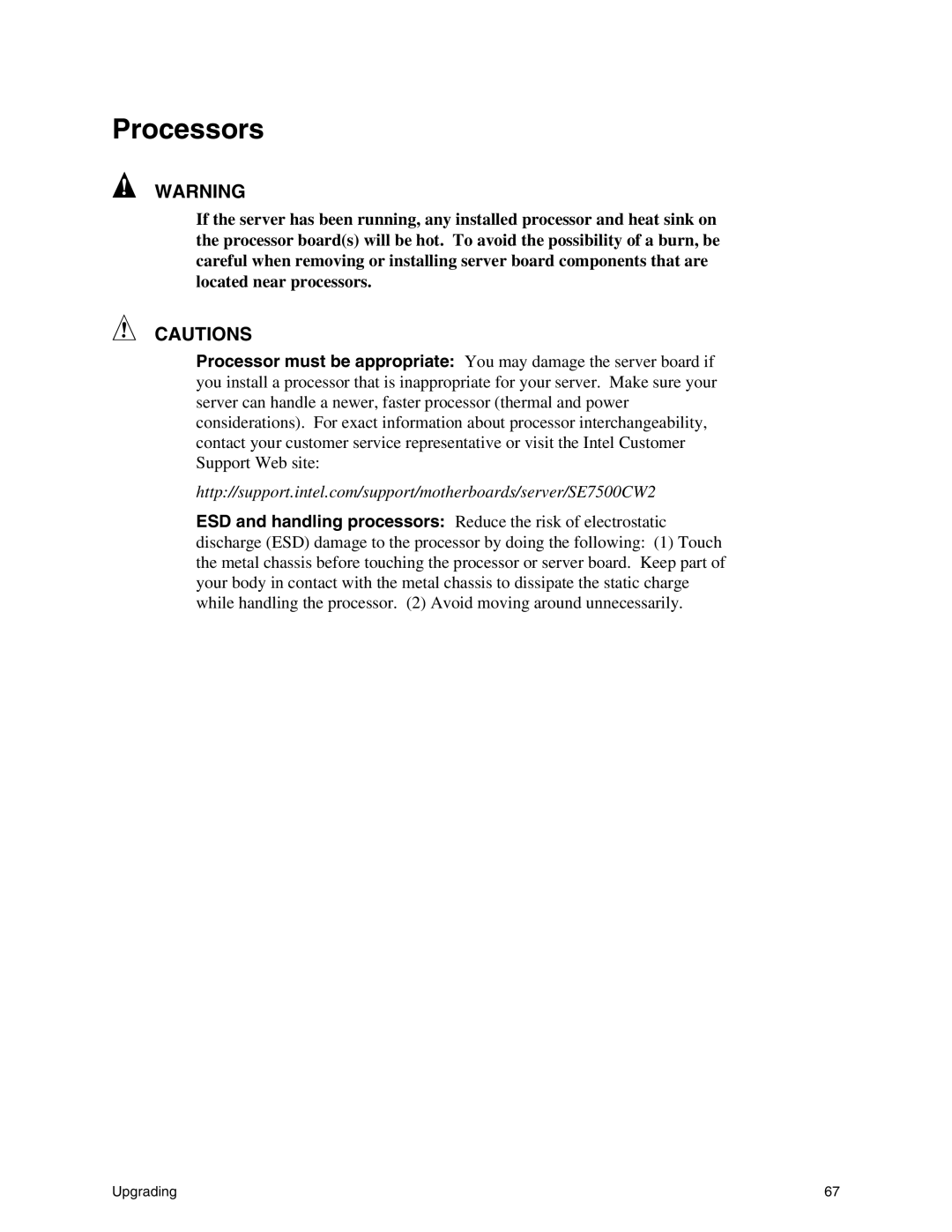 Intel SE7500CW2 manual Processors 