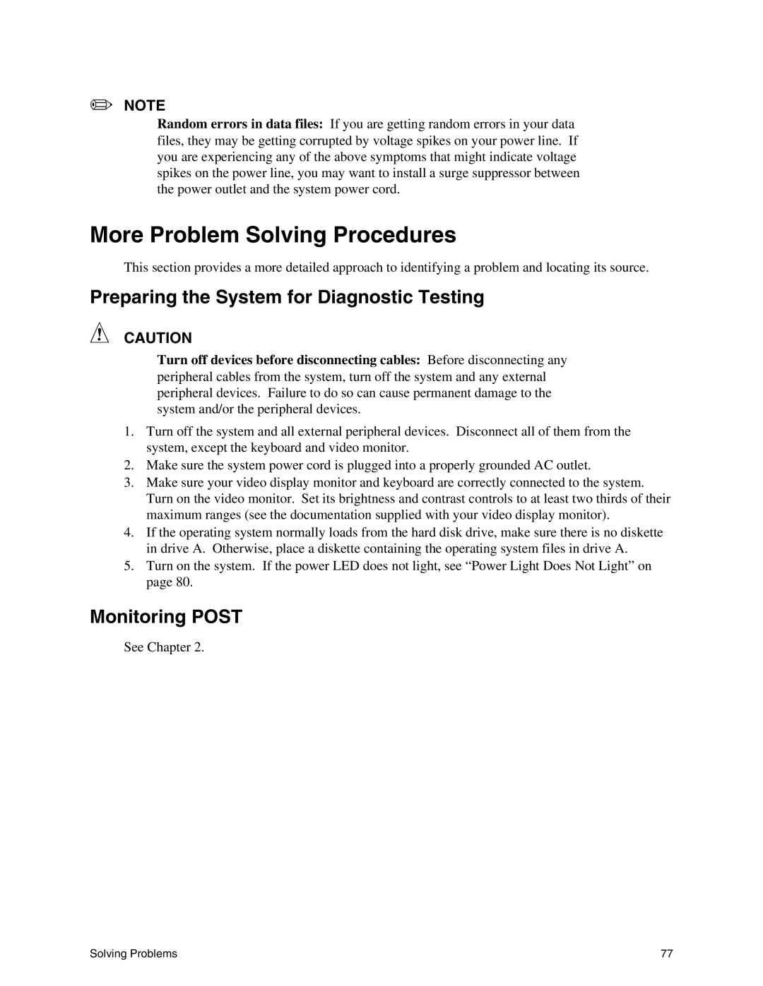 Intel SE7500CW2 manual More Problem Solving Procedures, Preparing the System for Diagnostic Testing, Monitoring Post 