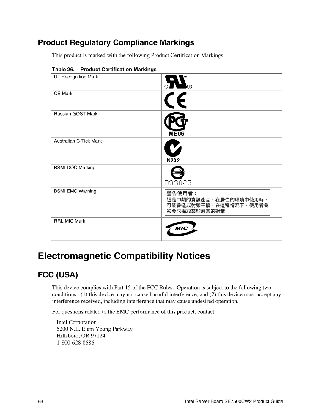 Intel SE7500CW2 manual Electromagnetic Compatibility Notices, Product Regulatory Compliance Markings 