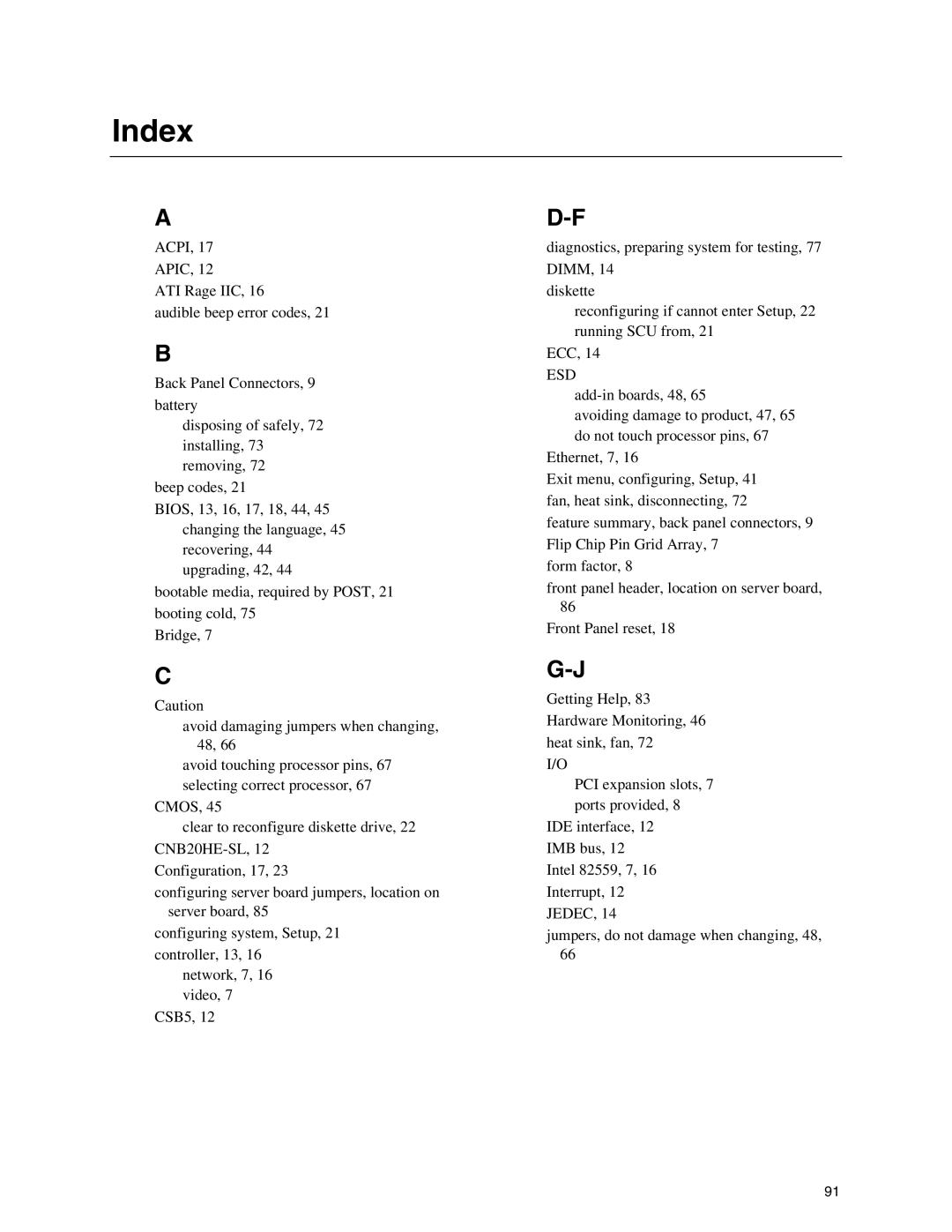 Intel SE7500CW2 manual Index, Esd 