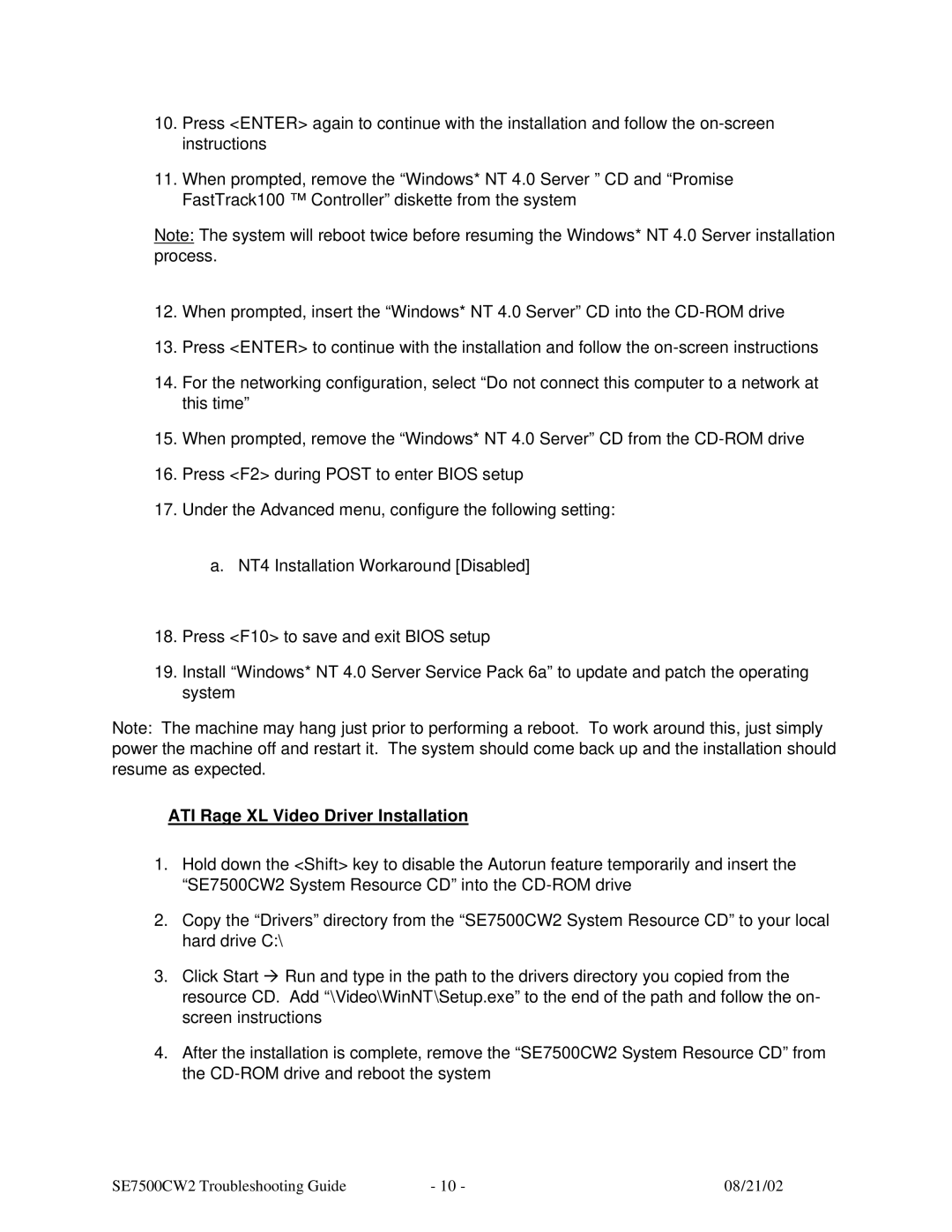 Intel SE7500CW2 manual ATI Rage XL Video Driver Installation 