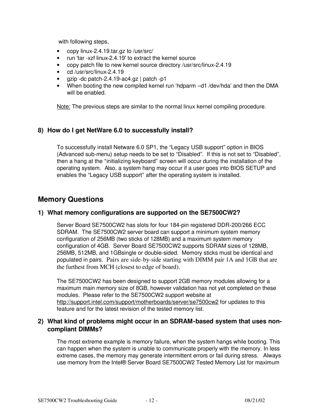 Intel SE7500CW2 manual How do I get NetWare 6.0 to successfully install? 