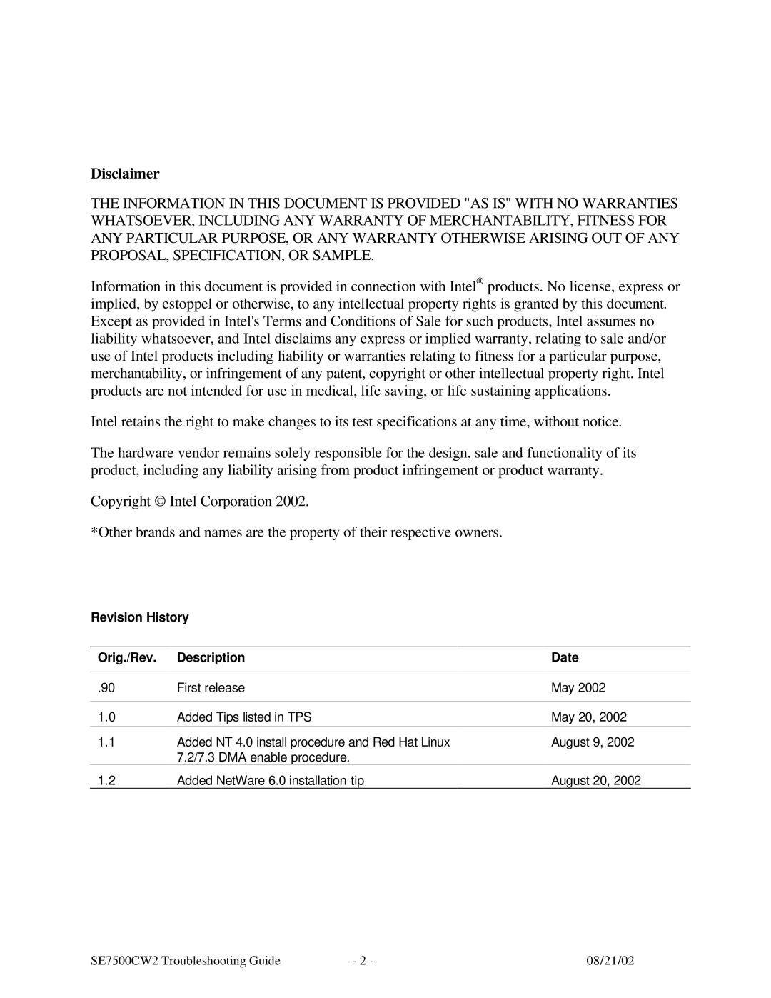 Intel SE7500CW2 manual Disclaimer, Revision History Orig./Rev Description Date 