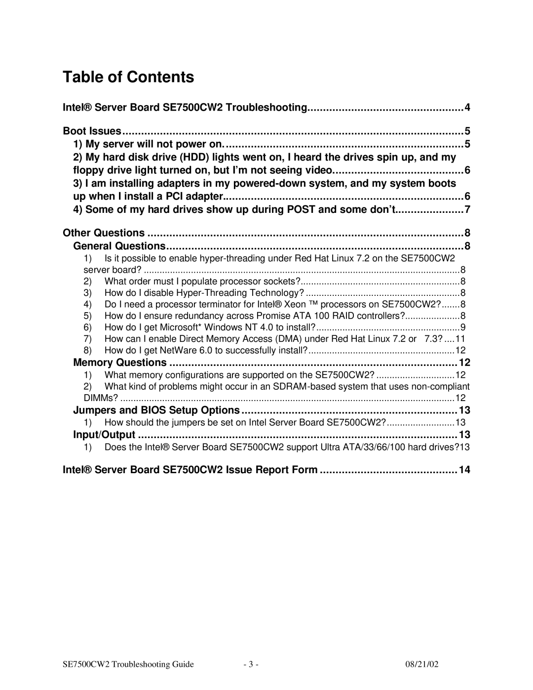 Intel SE7500CW2 manual Table of Contents 