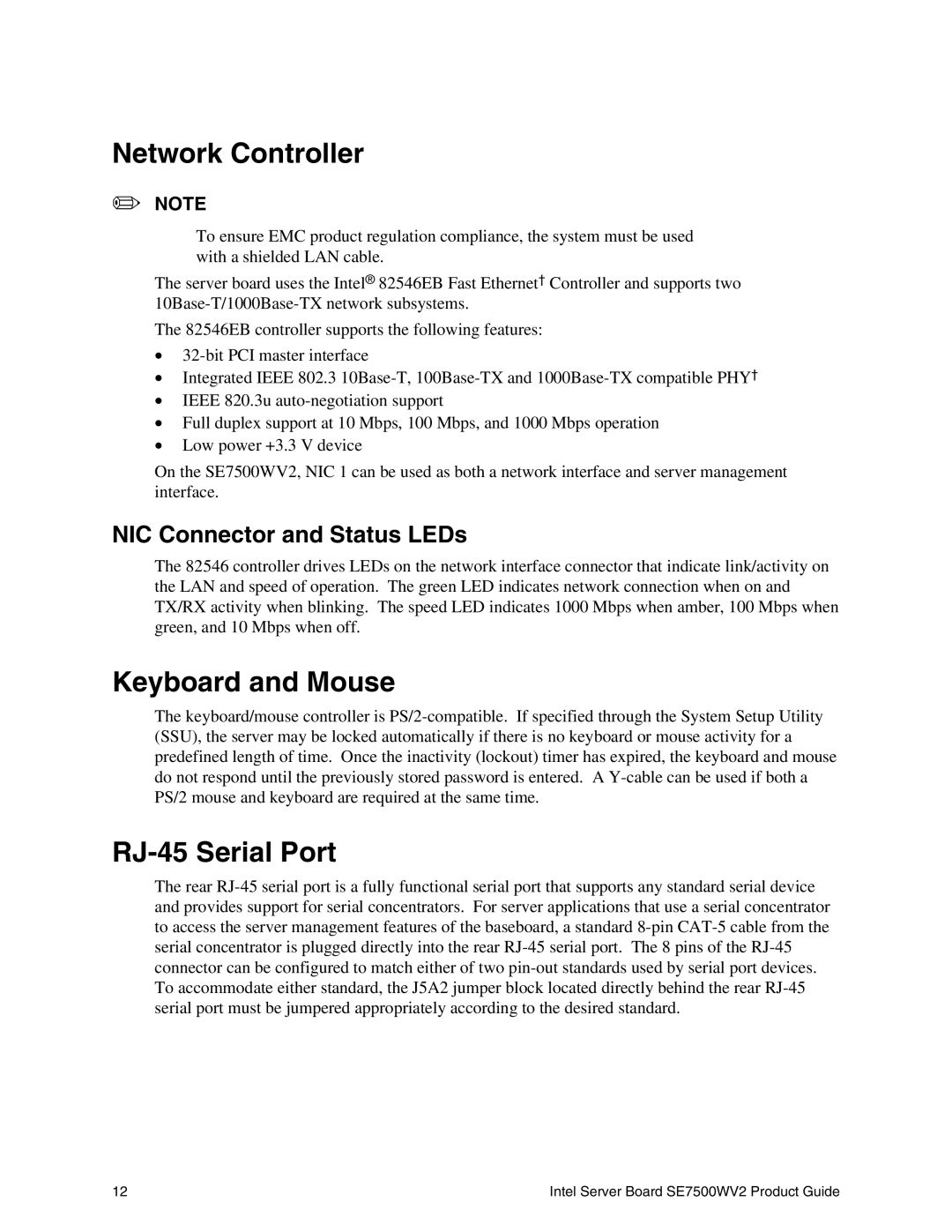 Intel SE7500WV2 manual Network Controller, Keyboard and Mouse, RJ-45 Serial Port, NIC Connector and Status LEDs 