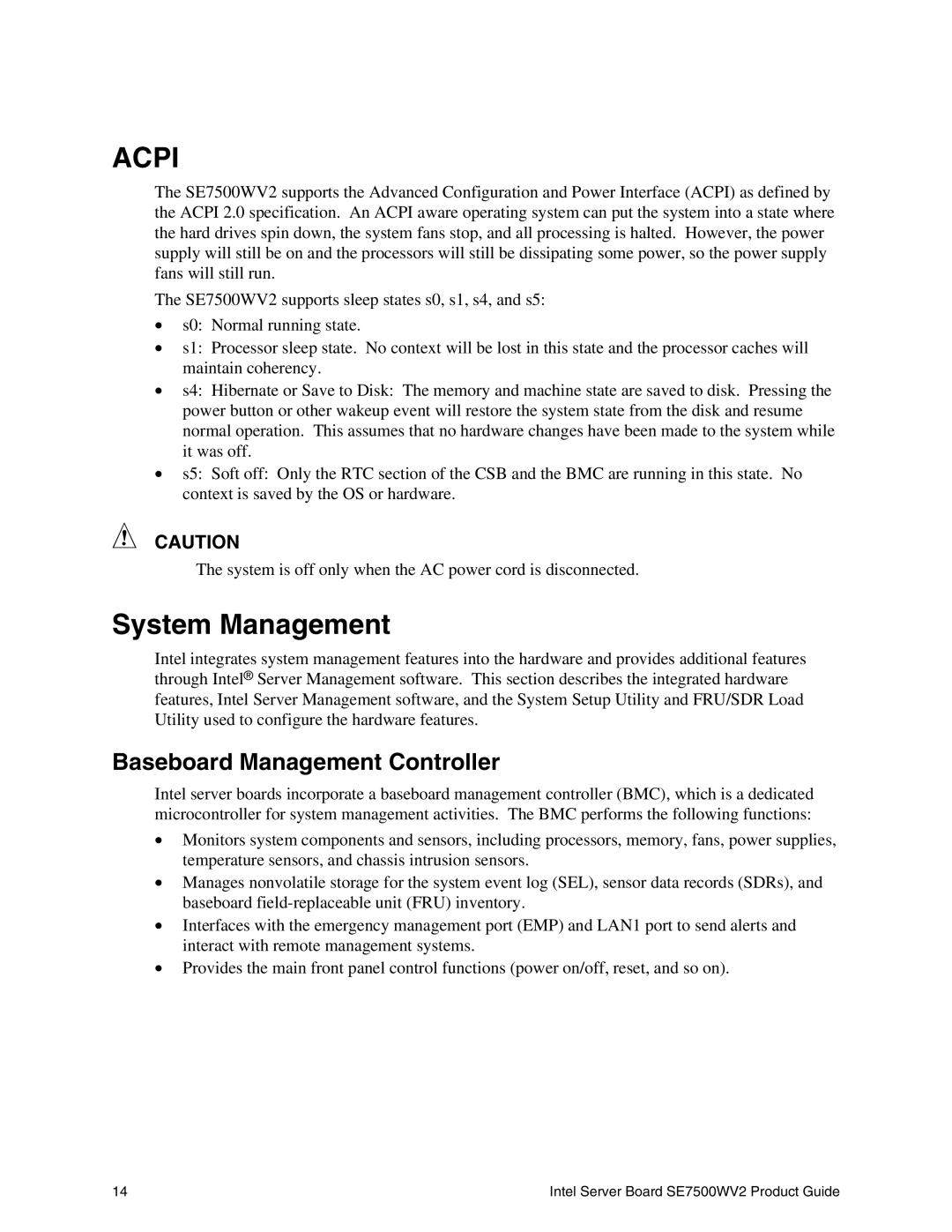 Intel SE7500WV2 manual System Management, Baseboard Management Controller 