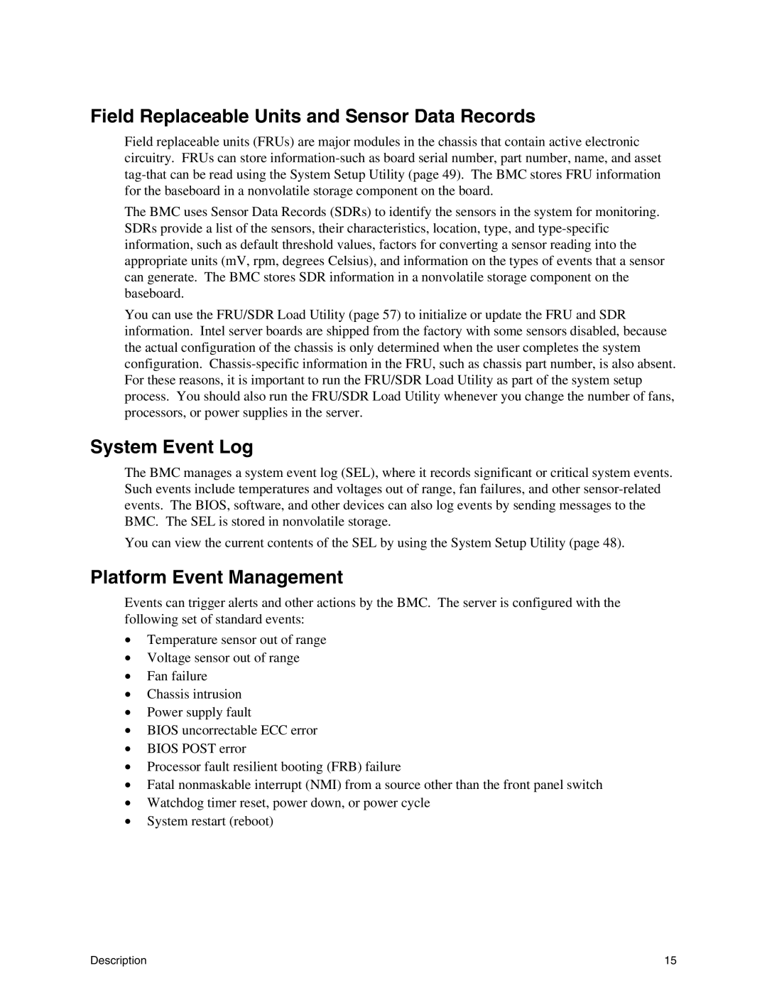 Intel SE7500WV2 manual Field Replaceable Units and Sensor Data Records, System Event Log, Platform Event Management 