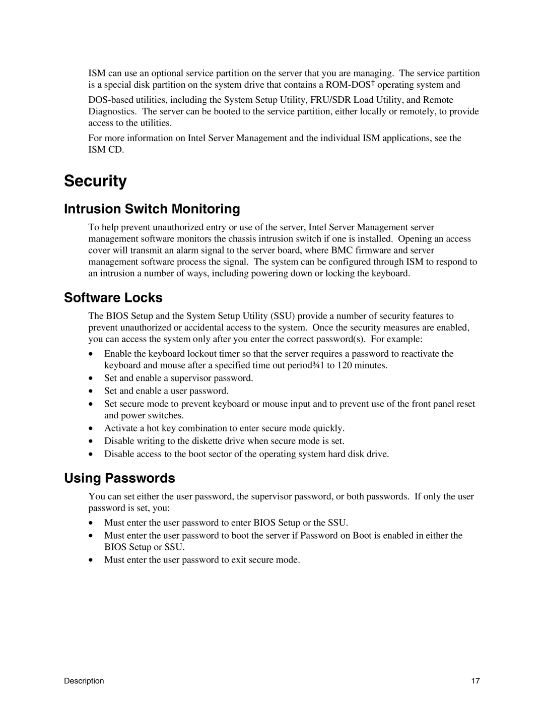 Intel SE7500WV2 manual Security, Intrusion Switch Monitoring, Software Locks, Using Passwords 