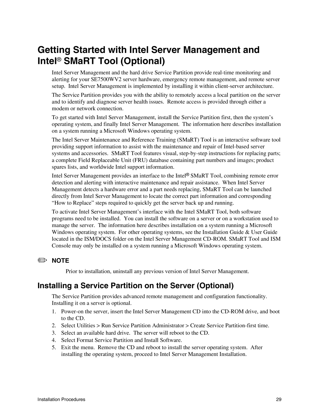 Intel SE7500WV2 manual Installing a Service Partition on the Server Optional 