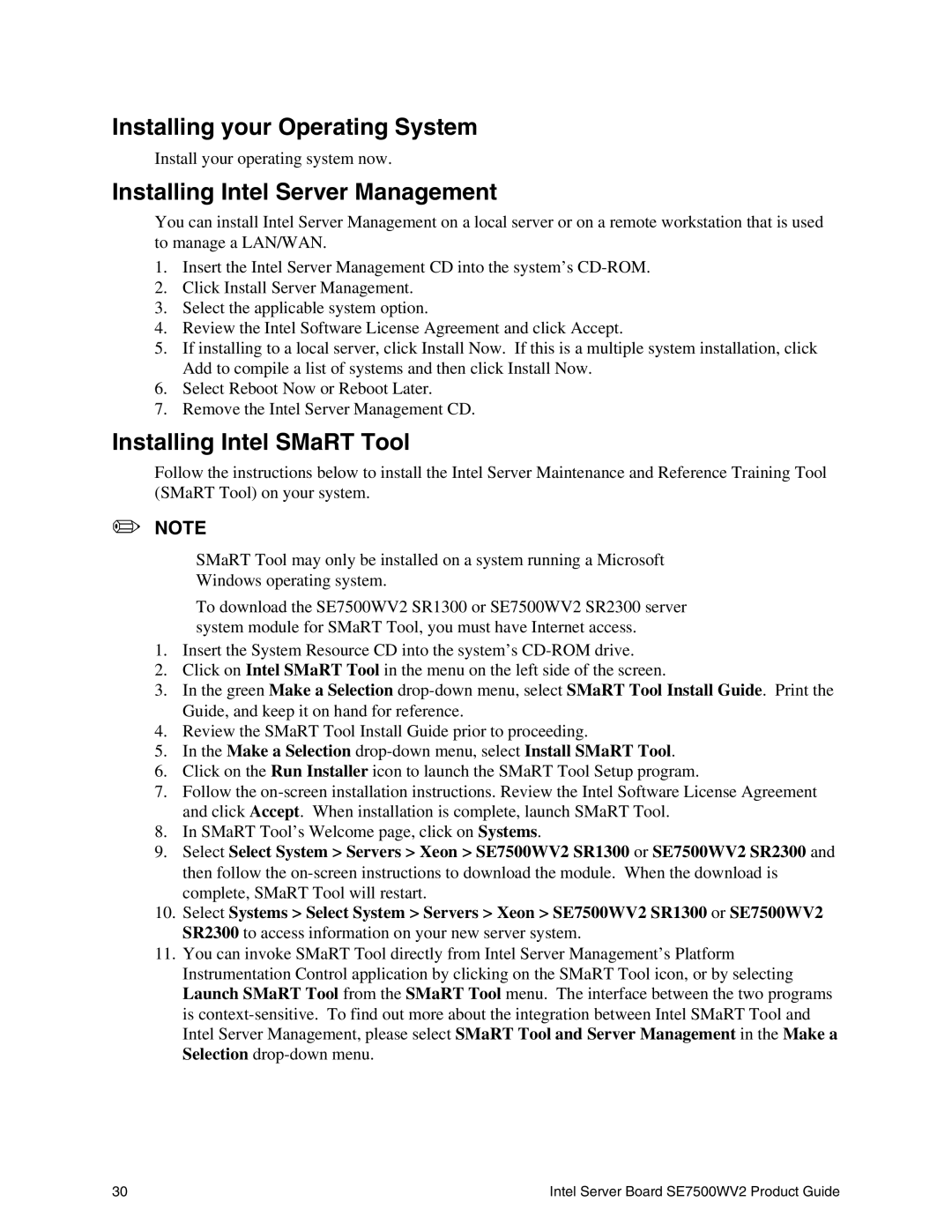 Intel SE7500WV2 manual Installing your Operating System, Installing Intel Server Management, Installing Intel SMaRT Tool 