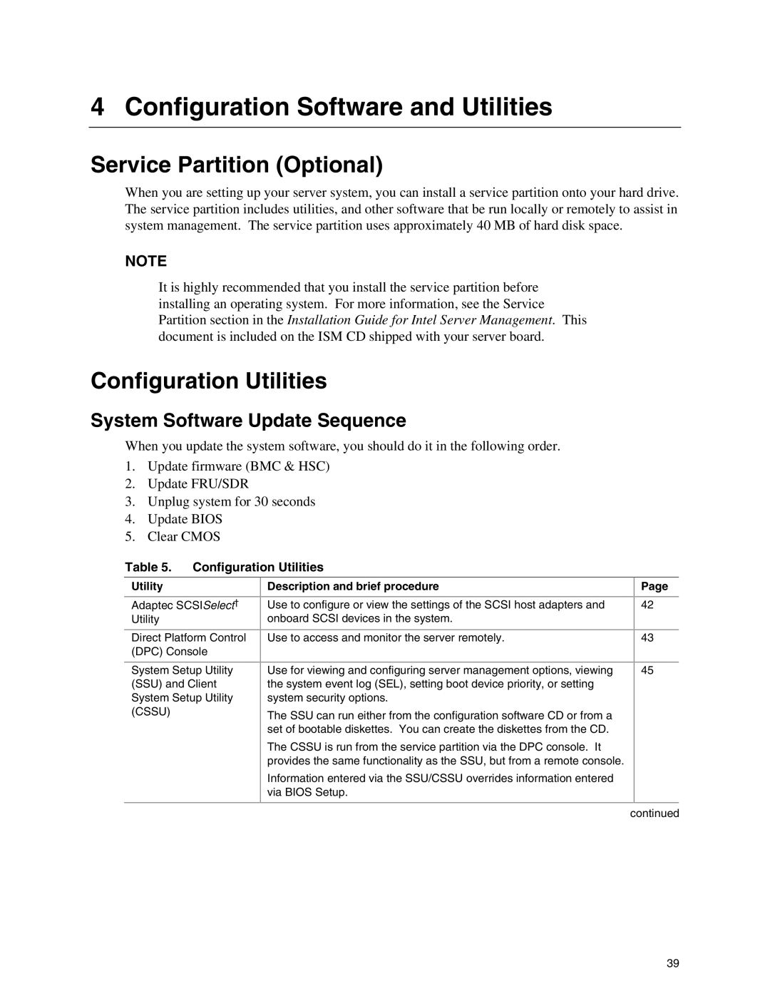 Intel SE7500WV2 manual Configuration Software and Utilities, Service Partition Optional, Configuration Utilities 