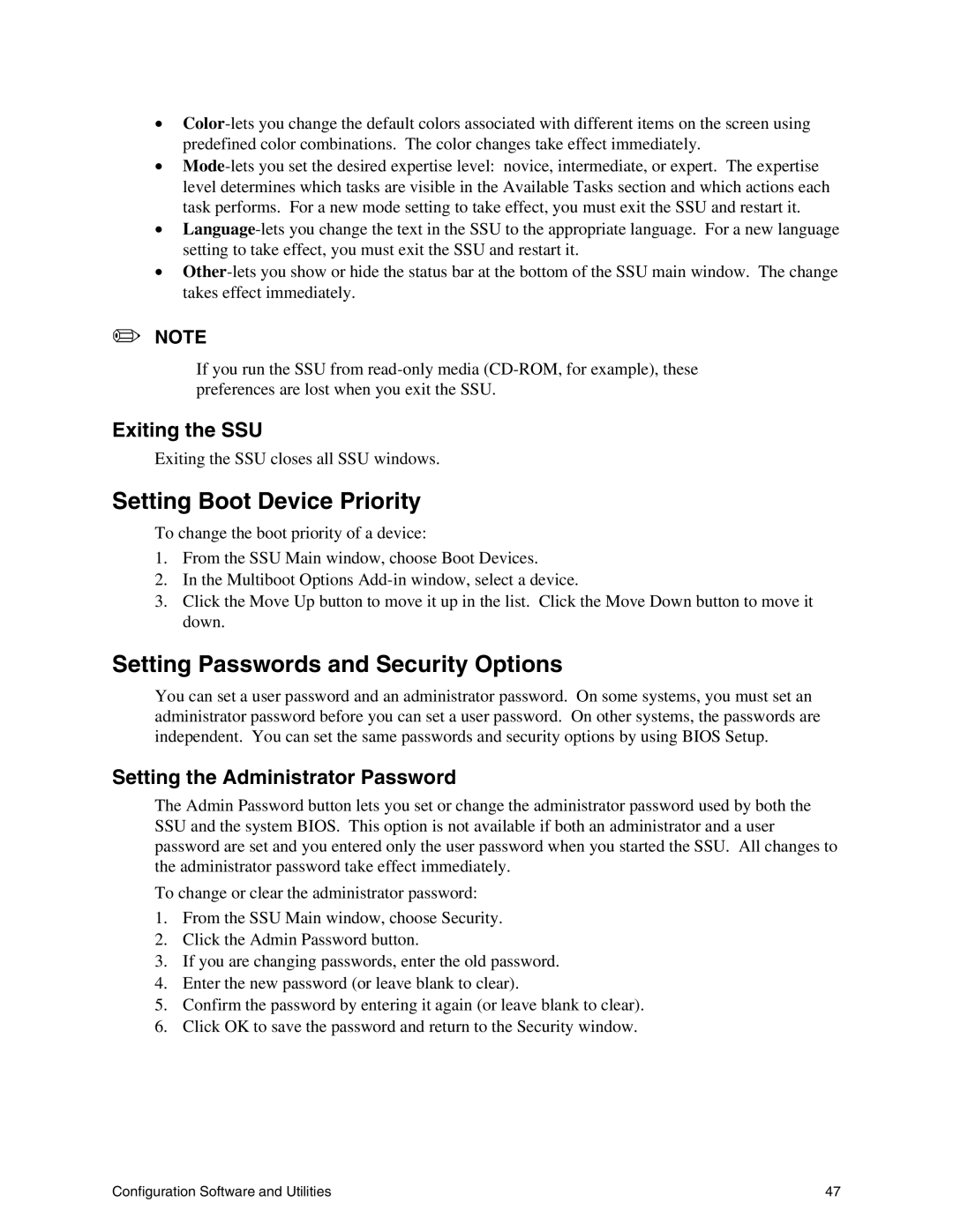 Intel SE7500WV2 manual Setting Boot Device Priority, Setting Passwords and Security Options, Exiting the SSU 