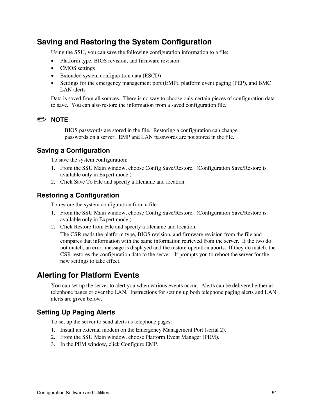 Intel SE7500WV2 manual Saving and Restoring the System Configuration, Alerting for Platform Events, Saving a Configuration 