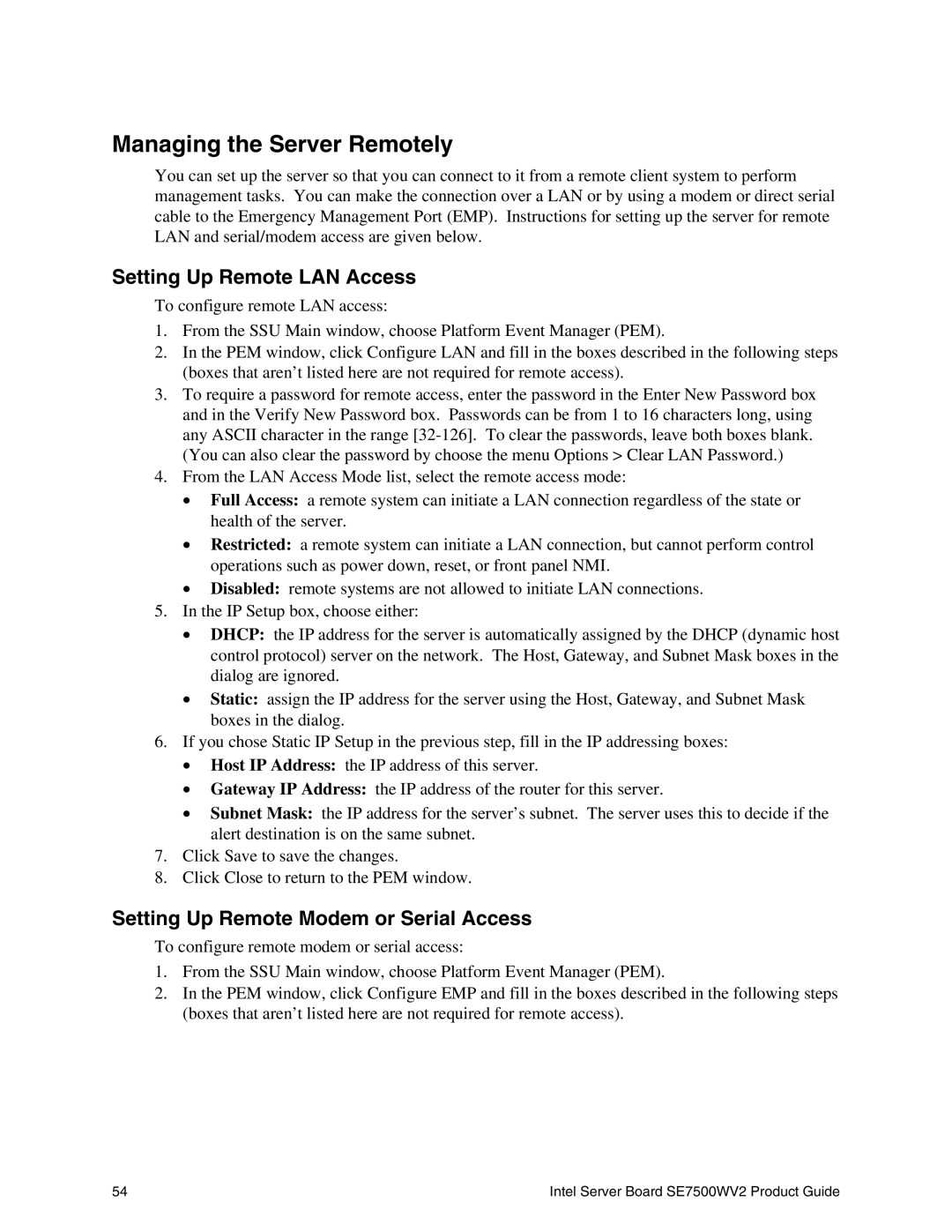 Intel SE7500WV2 manual Managing the Server Remotely, Setting Up Remote LAN Access, Setting Up Remote Modem or Serial Access 