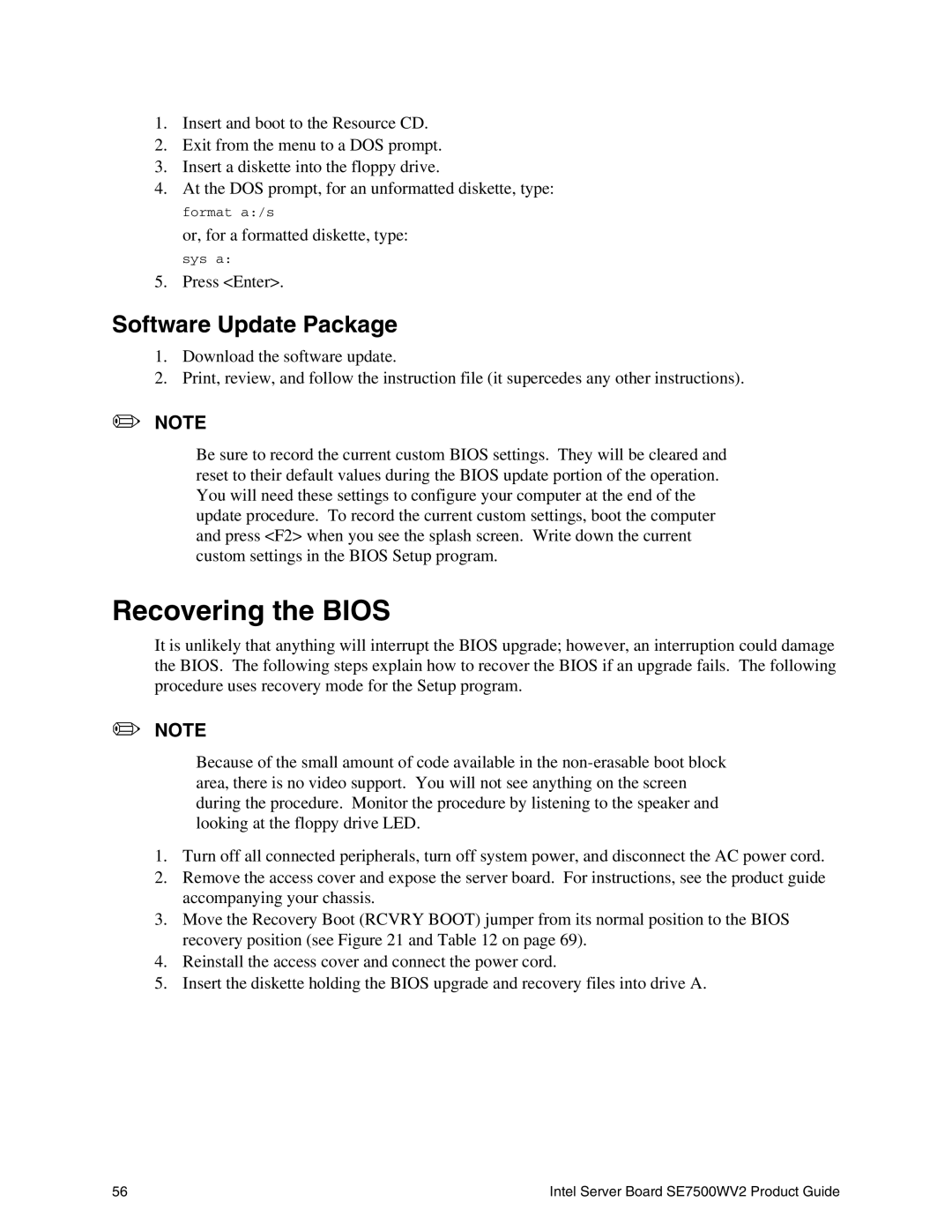 Intel SE7500WV2 manual Recovering the Bios, Software Update Package 