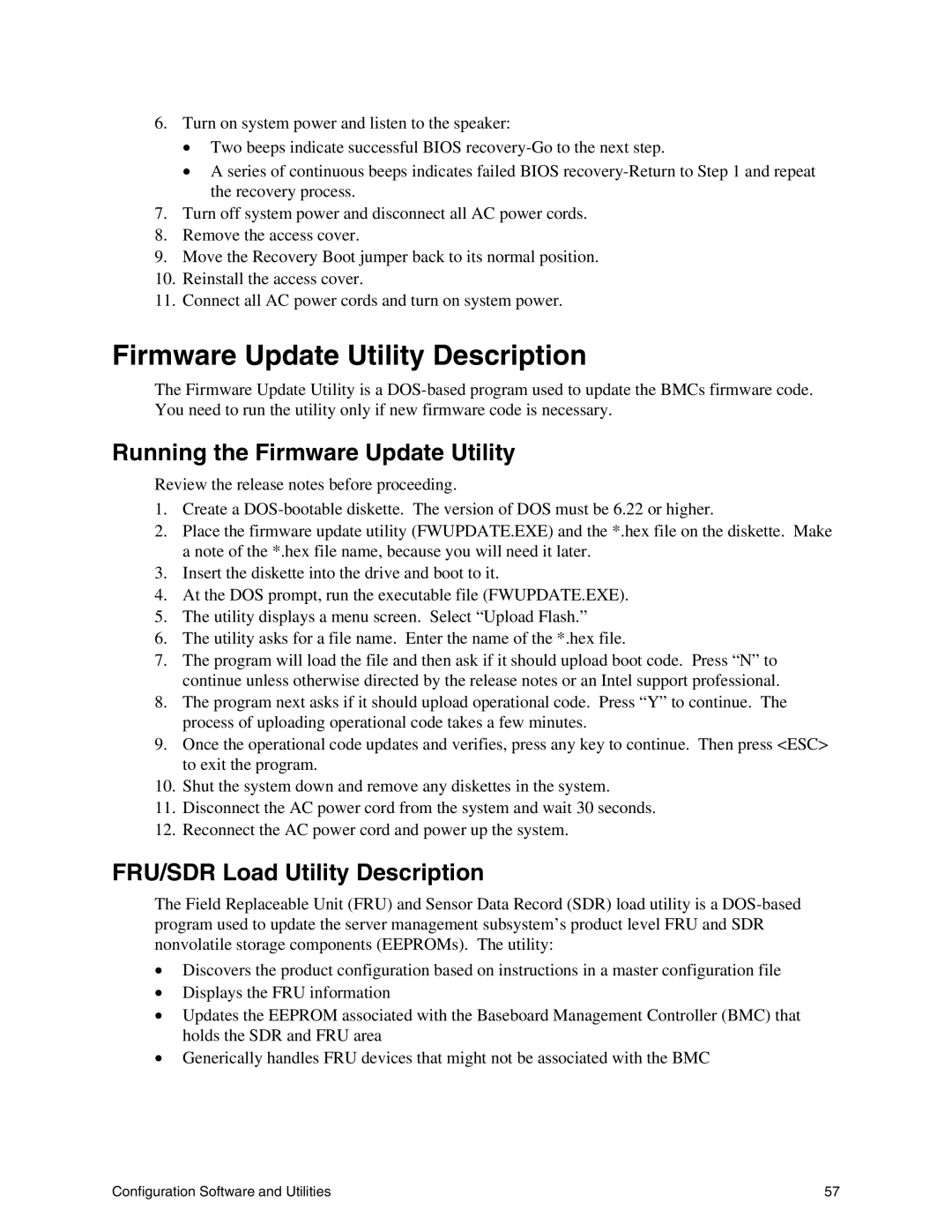 Intel SE7500WV2 Firmware Update Utility Description, Running the Firmware Update Utility, FRU/SDR Load Utility Description 