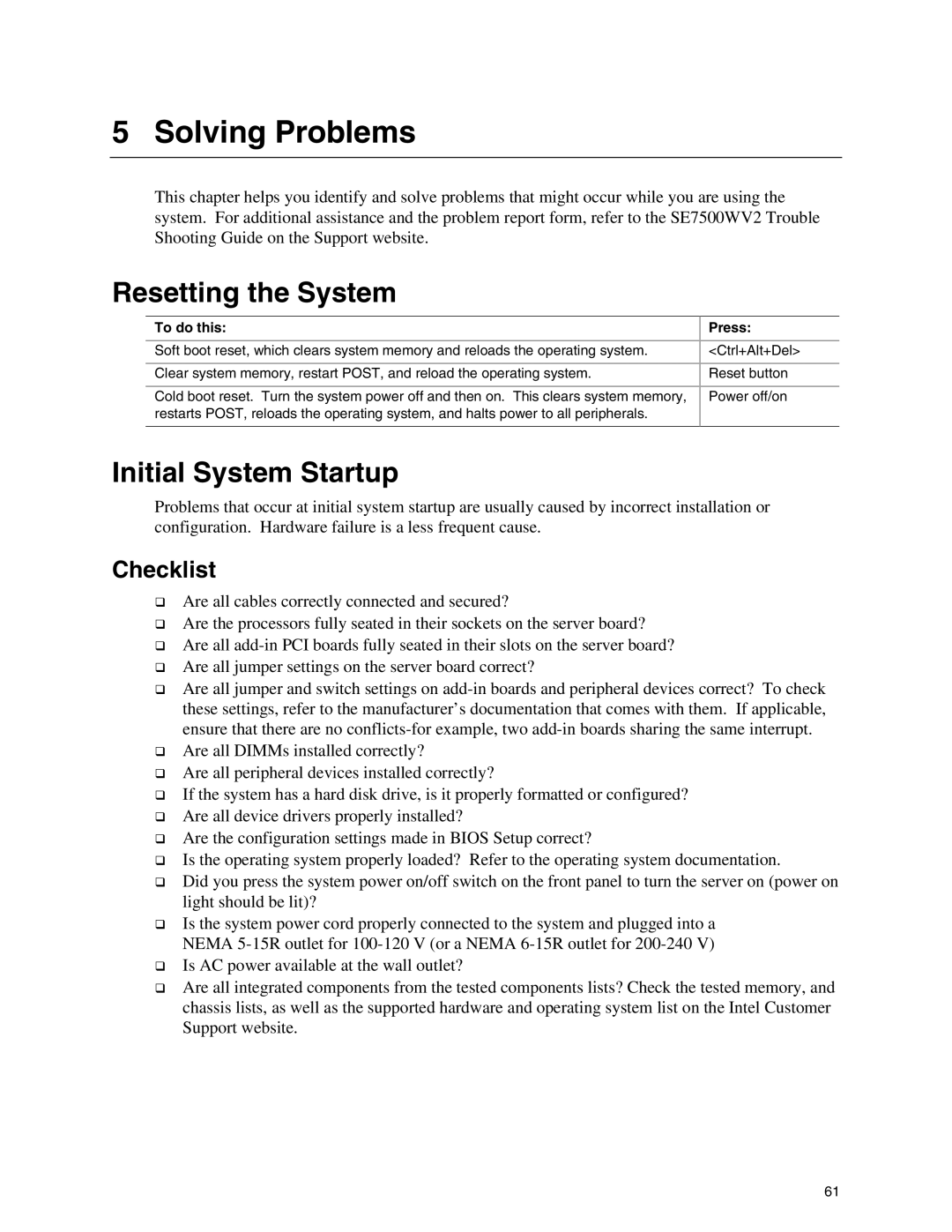 Intel SE7500WV2 manual Solving Problems, Resetting the System, Initial System Startup, Checklist 