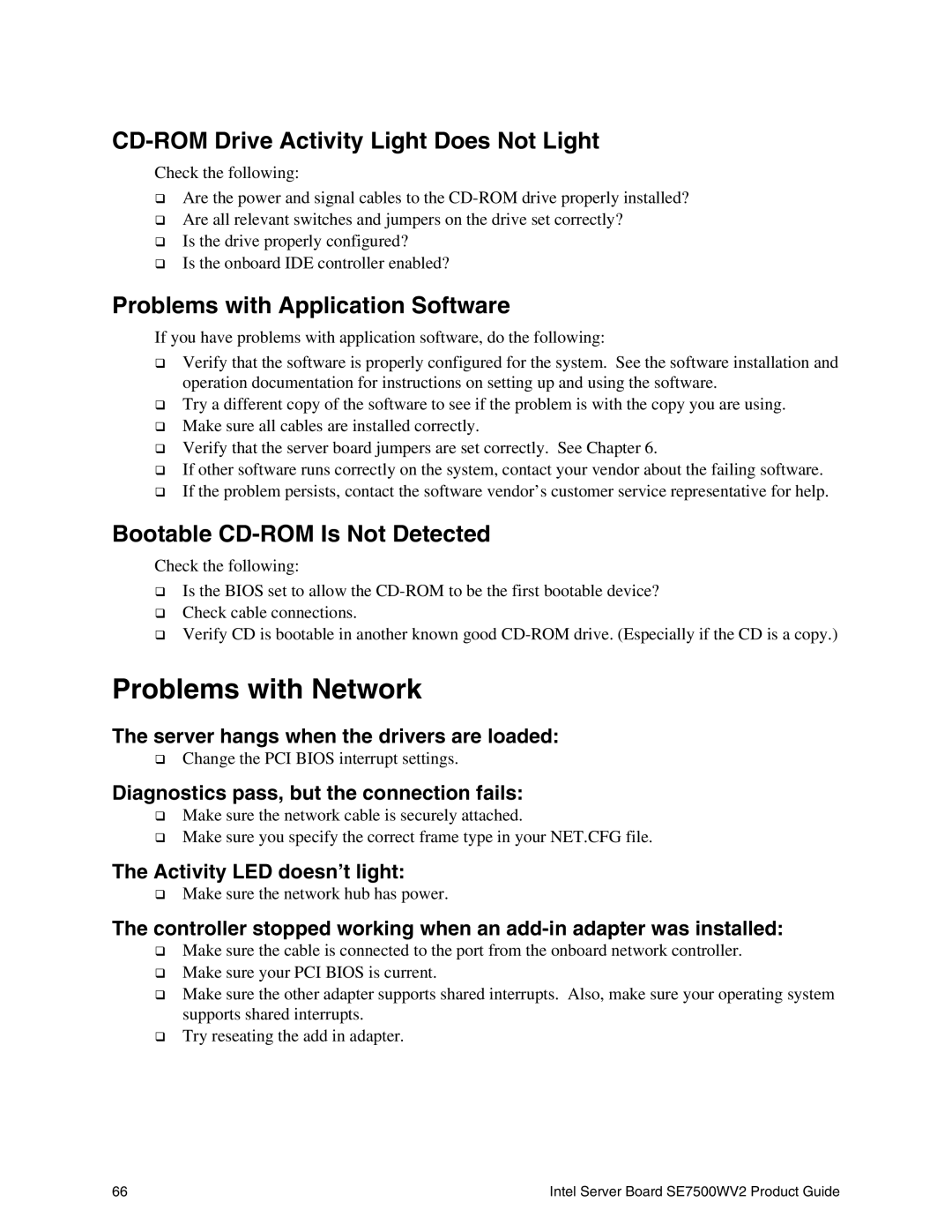 Intel SE7500WV2 Problems with Network, CD-ROM Drive Activity Light Does Not Light, Problems with Application Software 