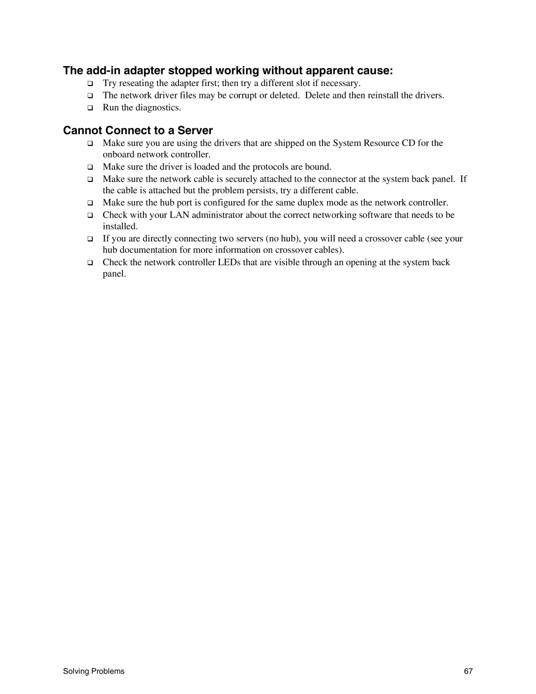 Intel SE7500WV2 manual Add-in adapter stopped working without apparent cause, Cannot Connect to a Server 