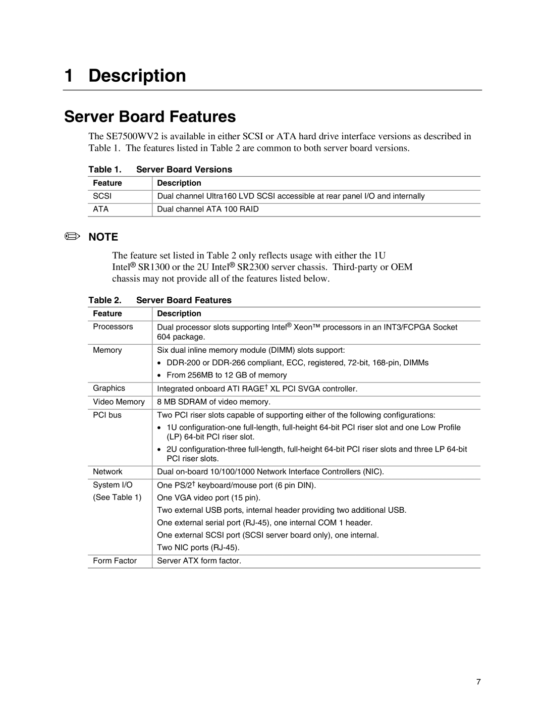 Intel SE7500WV2 manual Description, Server Board Features, Server Board Versions 