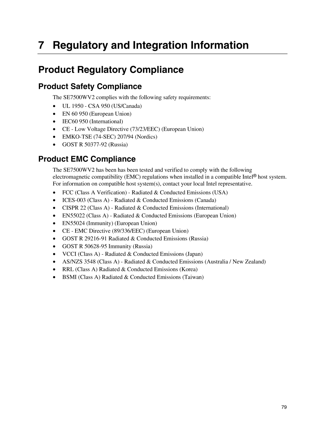 Intel SE7500WV2 manual Regulatory and Integration Information, Product Regulatory Compliance, Product Safety Compliance 