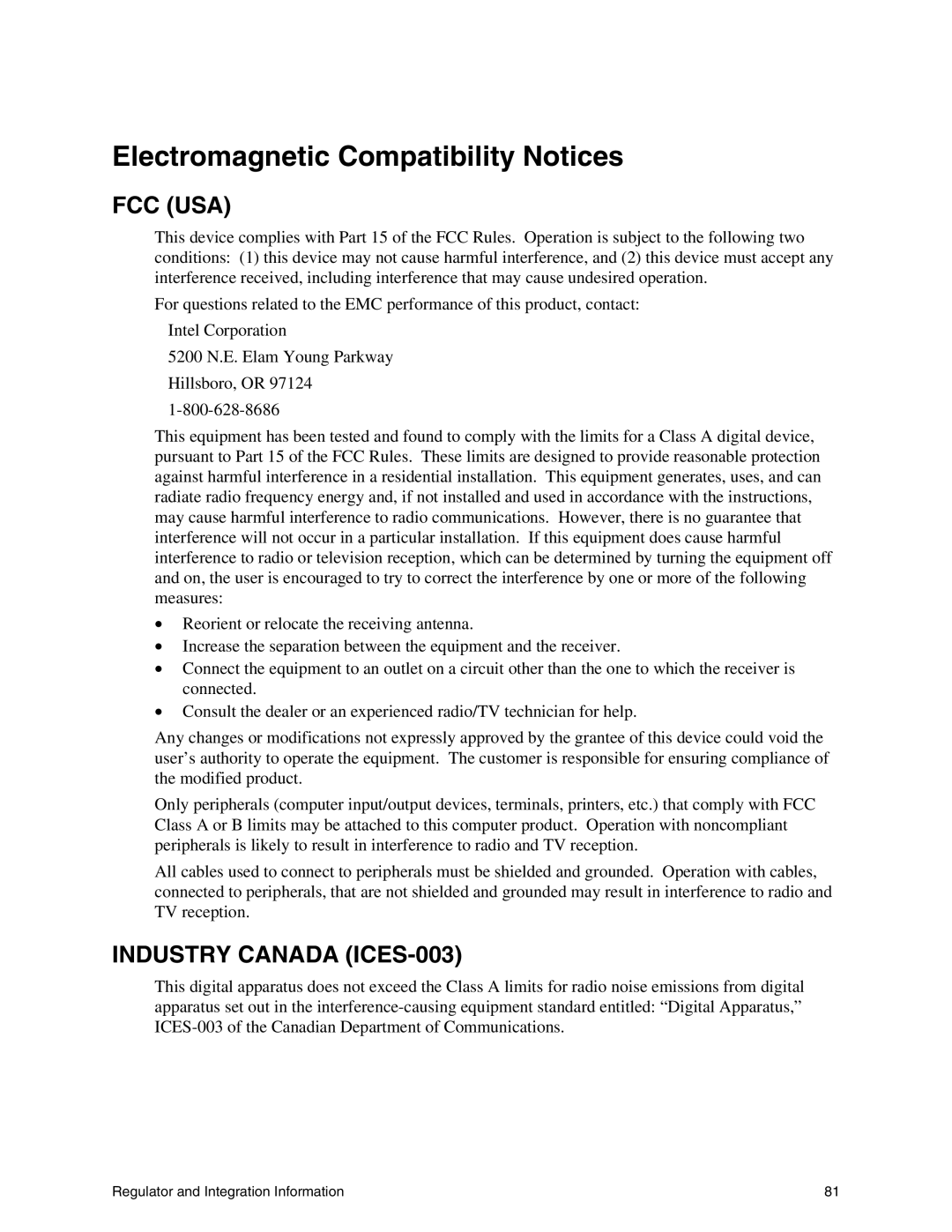 Intel SE7500WV2 manual Electromagnetic Compatibility Notices, Fcc Usa 