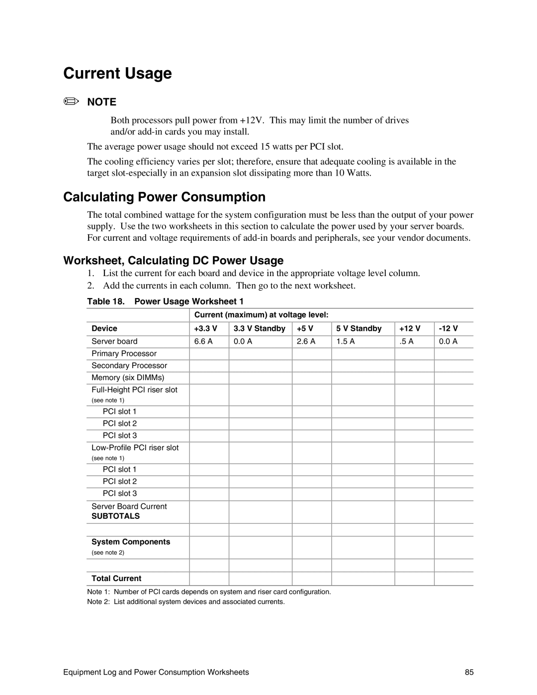 Intel SE7500WV2 Current Usage, Calculating Power Consumption, Worksheet, Calculating DC Power Usage, Power Usage Worksheet 