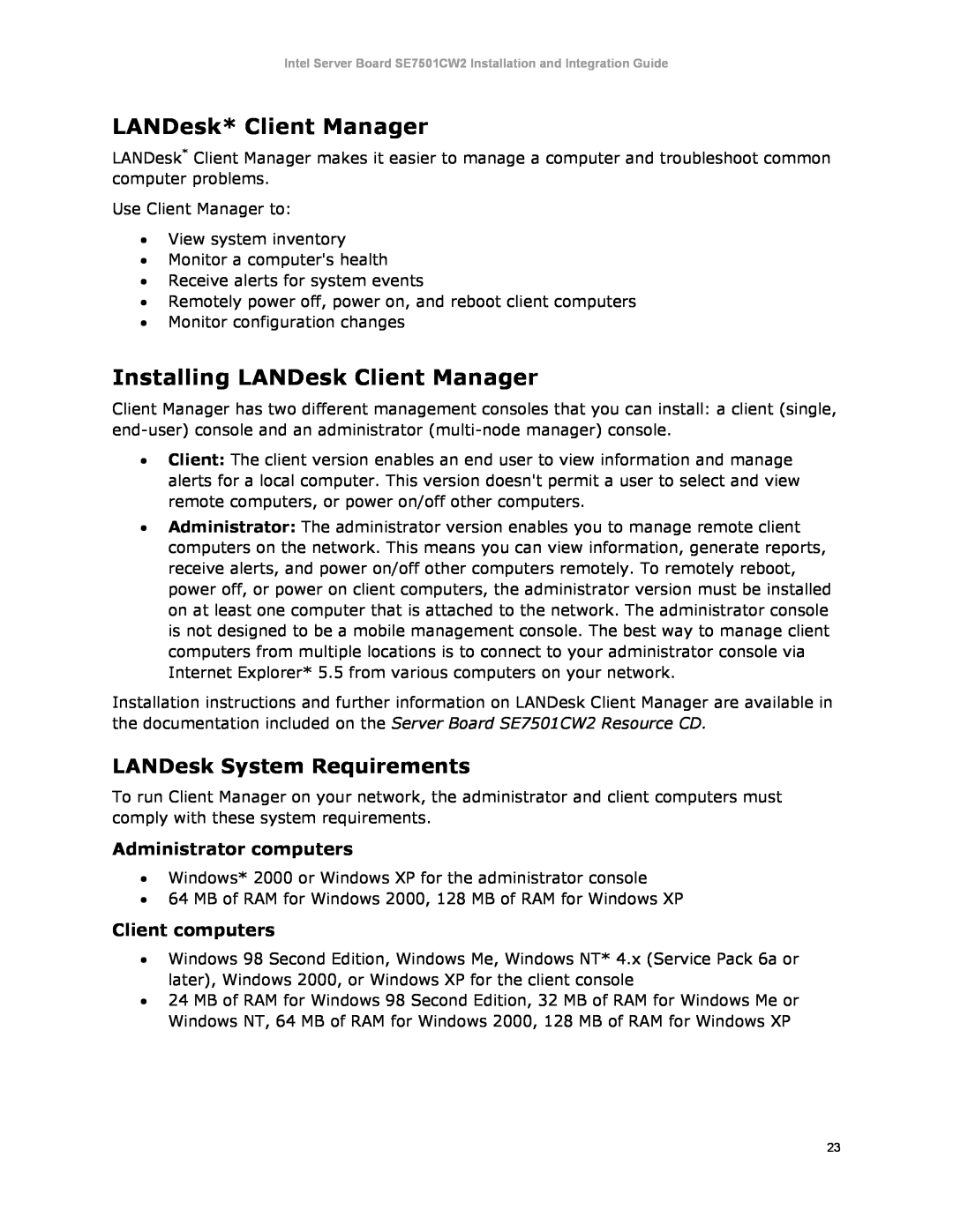 Intel SE7501CW2 manual LANDesk* Client Manager, Installing LANDesk Client Manager, LANDesk System Requirements 