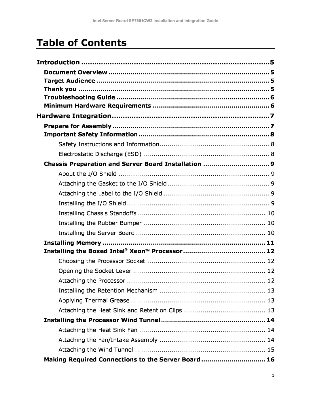 Intel SE7501CW2 manual Table of Contents 